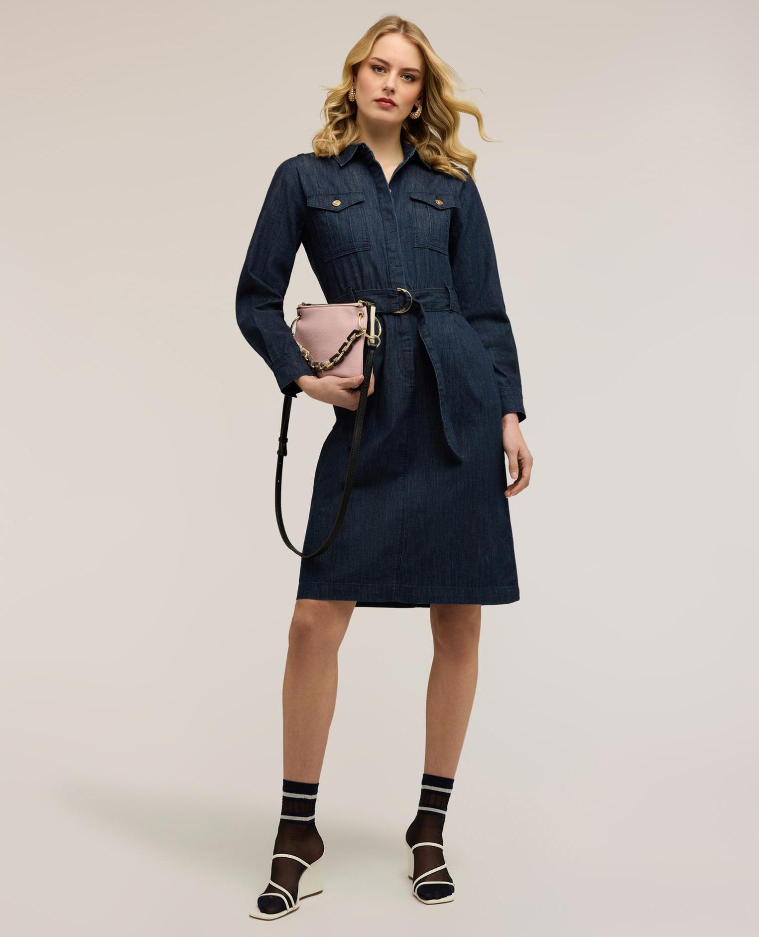 Vestido camisero de denim con cinturón cierre frontal con cuello clásico y botones ocultos cinturón en la cintura con hebilla - Motivi - Azul Azul-1