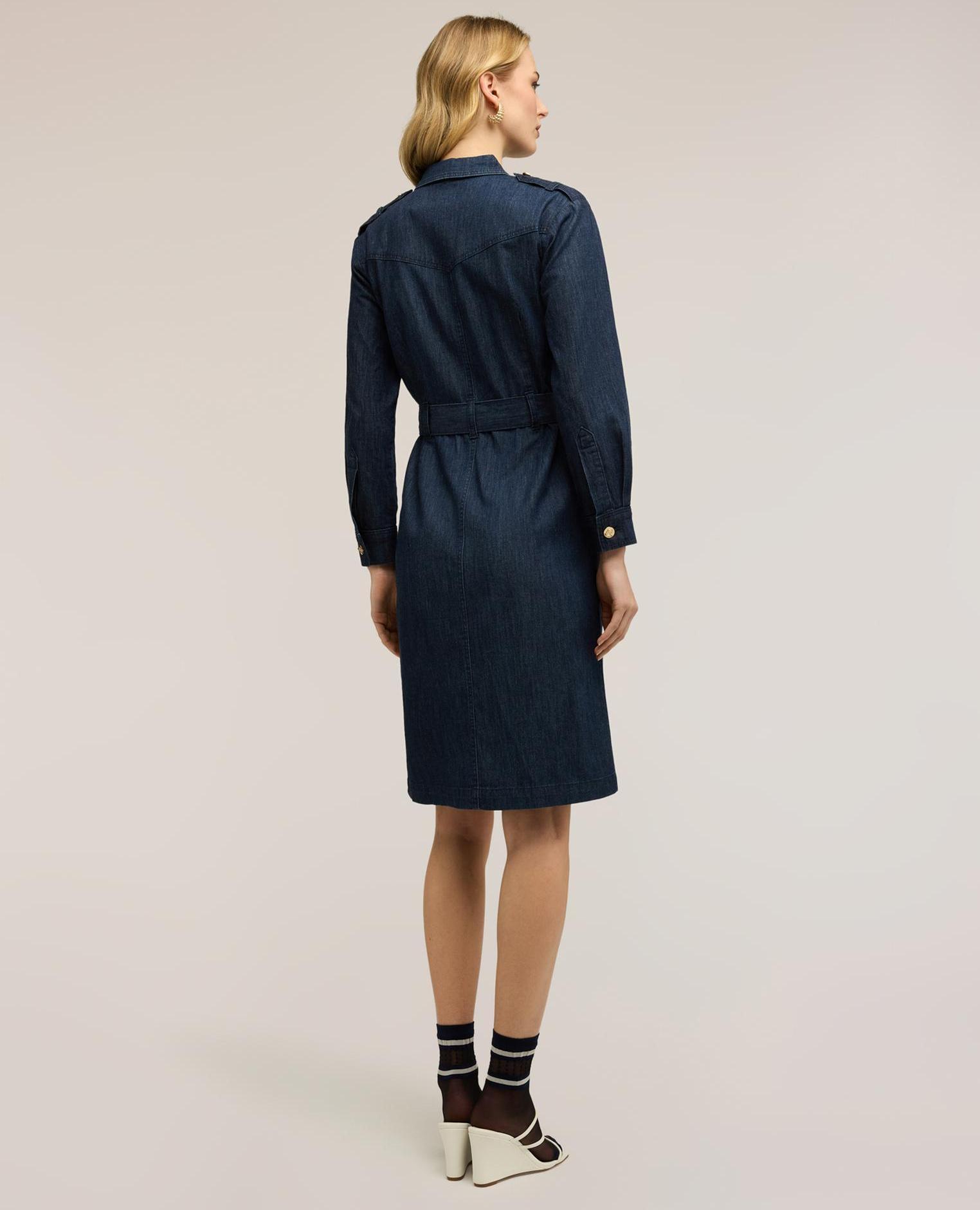 Vestido camisero de denim con cinturón cierre frontal con cuello clásico y botones ocultos cinturón en la cintura con hebilla - Motivi - Azul Azul-2
