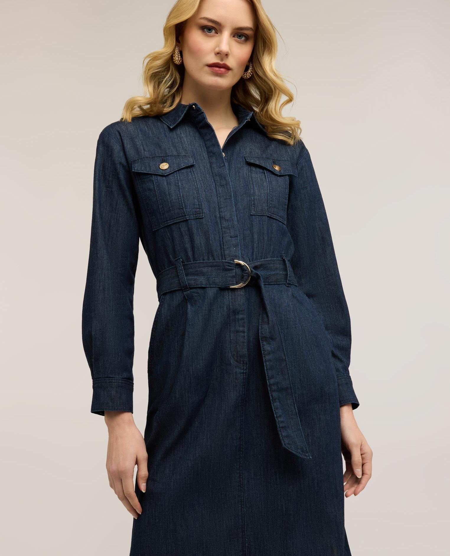 Vestido camisero de denim con cinturón cierre frontal con cuello clásico y botones ocultos cinturón en la cintura con hebilla - Motivi - Azul Azul-3