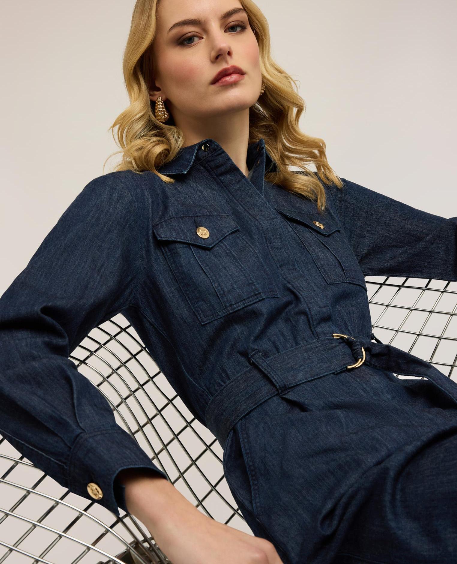 Vestido camisero de denim con cinturón cierre frontal con cuello clásico y botones ocultos cinturón en la cintura con hebilla - Motivi - Azul Azul-4
