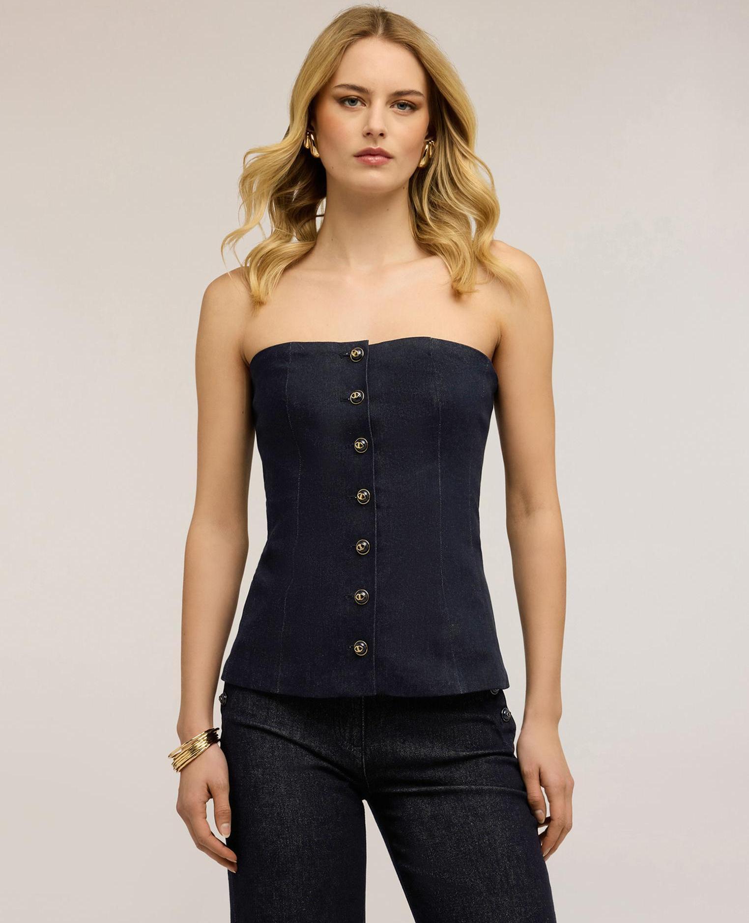 Top de mujer bustier de denim con botones botonadura frontal a la vista con botones metálicos - Motivi - Azul Azul-1