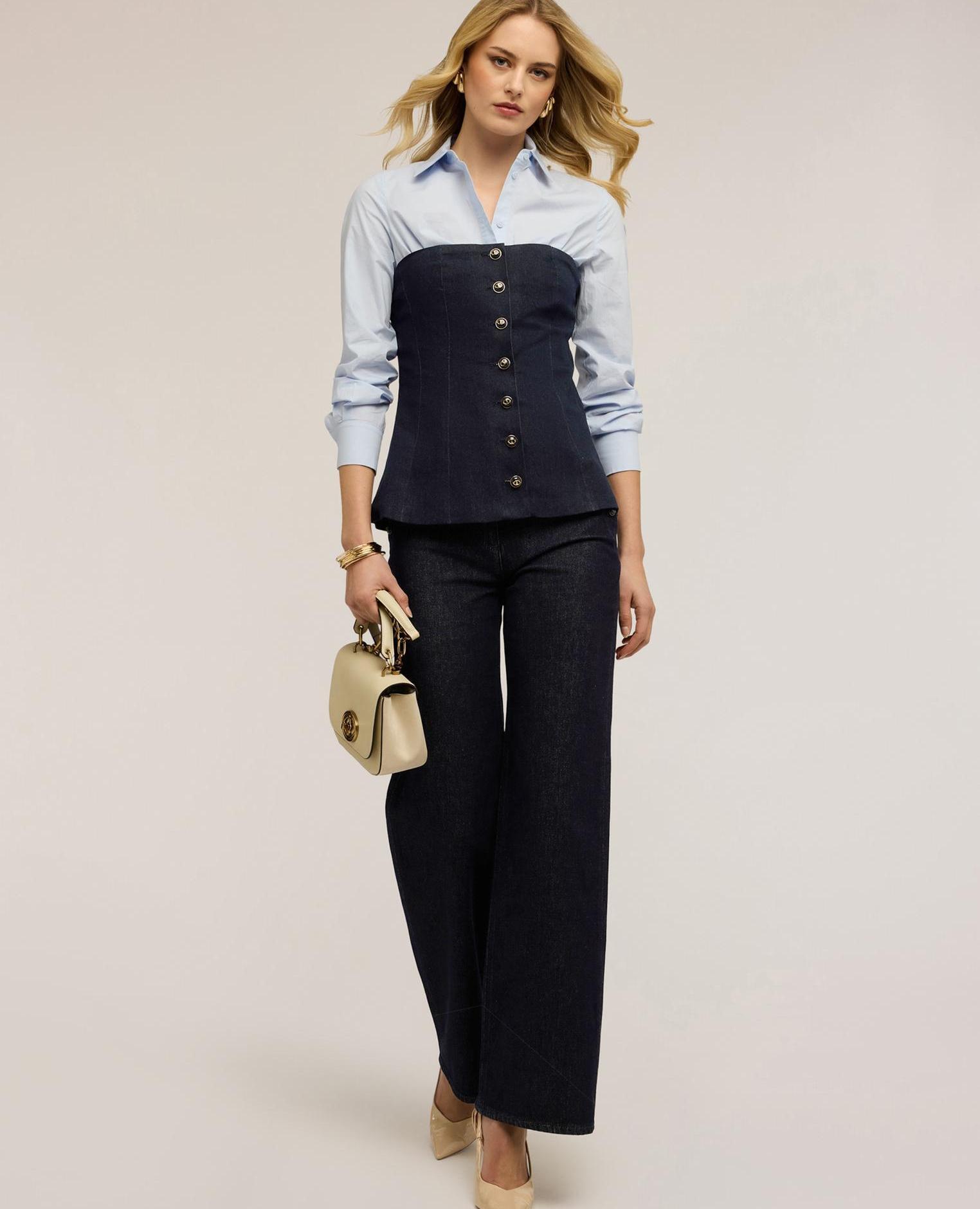 Top de mujer bustier de denim con botones botonadura frontal a la vista con botones metálicos - Motivi - Azul Azul-3