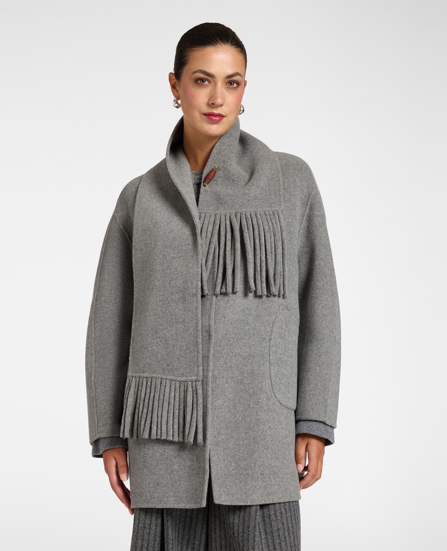Abrigo de mujer cocoon en doble de lana mixta con bufanda corte regular cierre con alamar - Elena Miró - Gris Gris-1