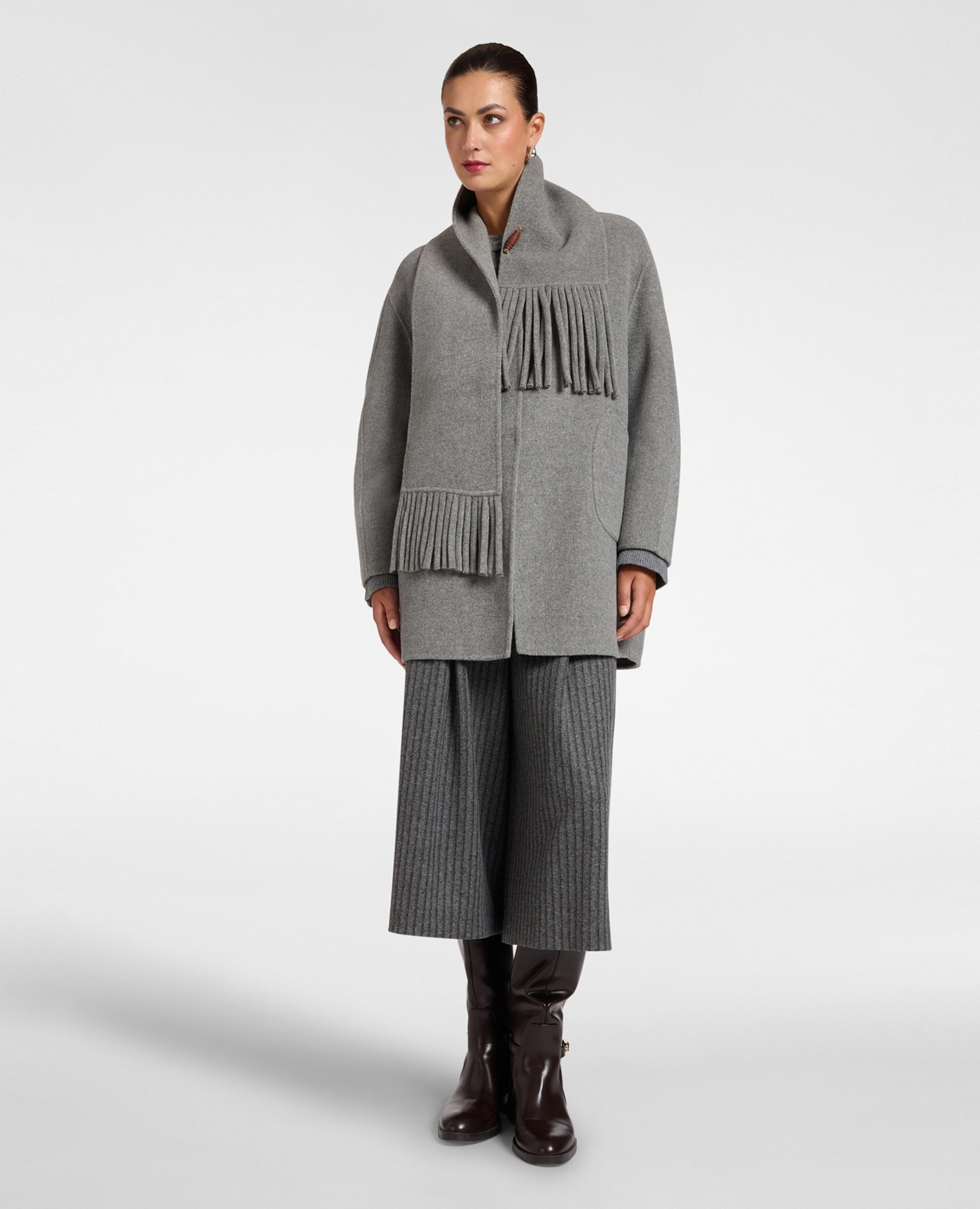 Abrigo de mujer cocoon en doble de lana mixta con bufanda corte regular cierre con alamar - Elena Miró - Gris Gris-3