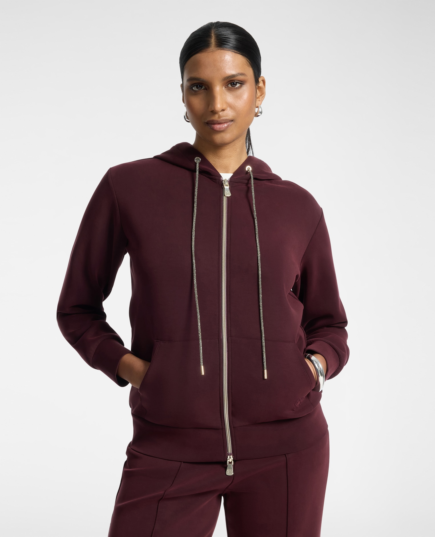 Sudadera de mujer con capucha mezcla modal ajuste regular con cierre frontal de cremallera - Elena Miró - Burdeos Burdeos-1