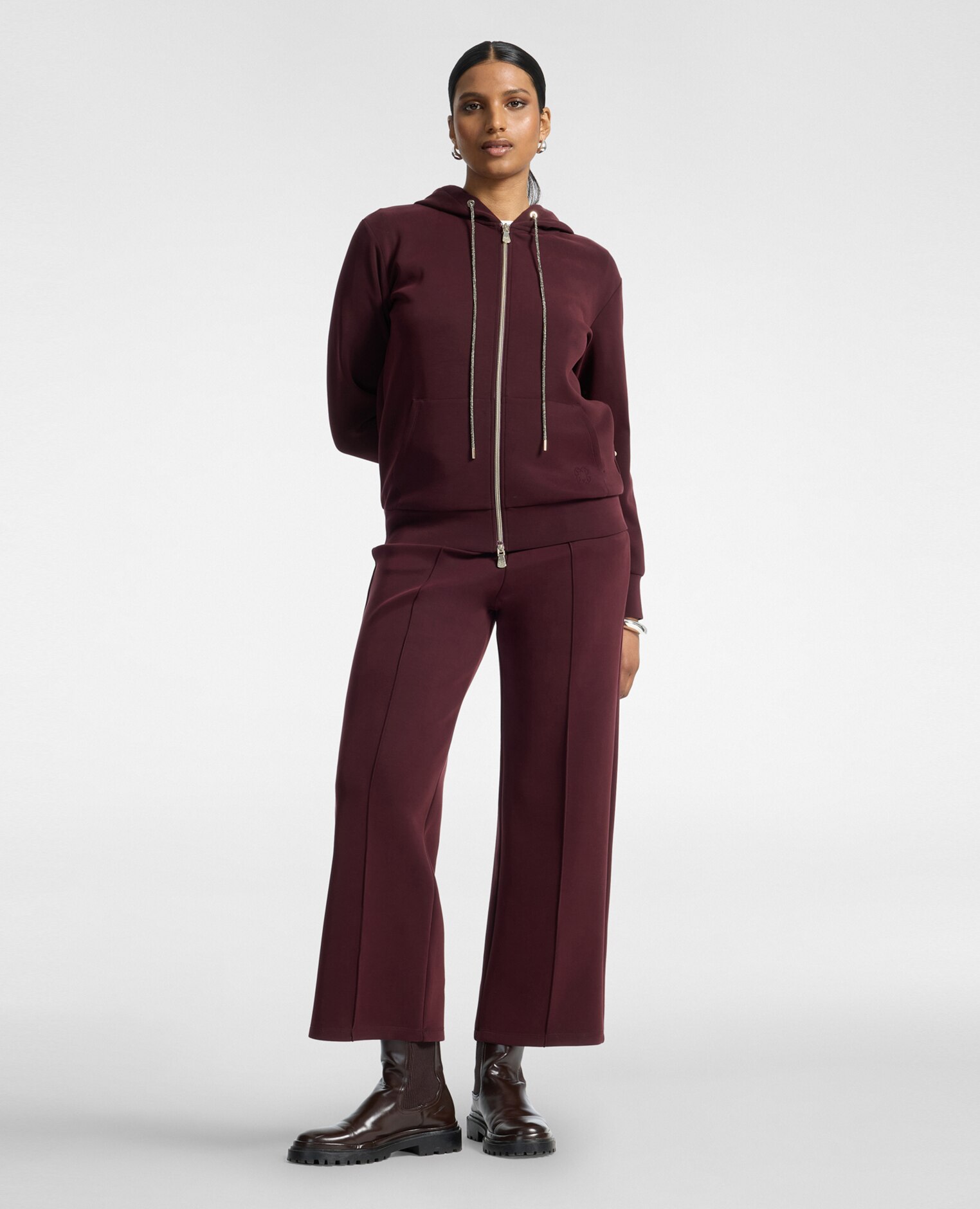 Sudadera de mujer con capucha mezcla modal ajuste regular con cierre frontal de cremallera - Elena Miró - Burdeos Burdeos-3