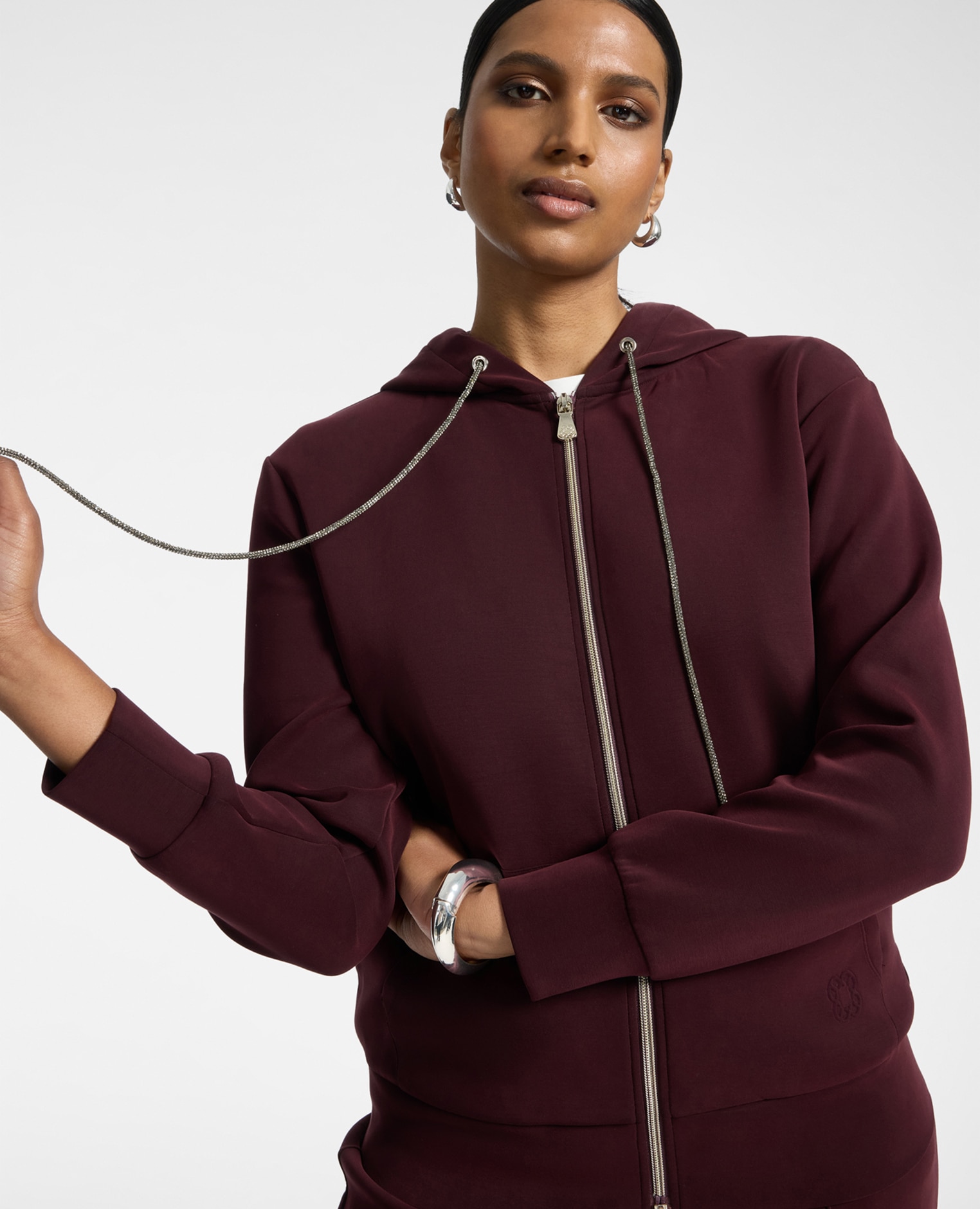 Sudadera de mujer con capucha mezcla modal ajuste regular con cierre frontal de cremallera - Elena Miró - Burdeos Burdeos-4
