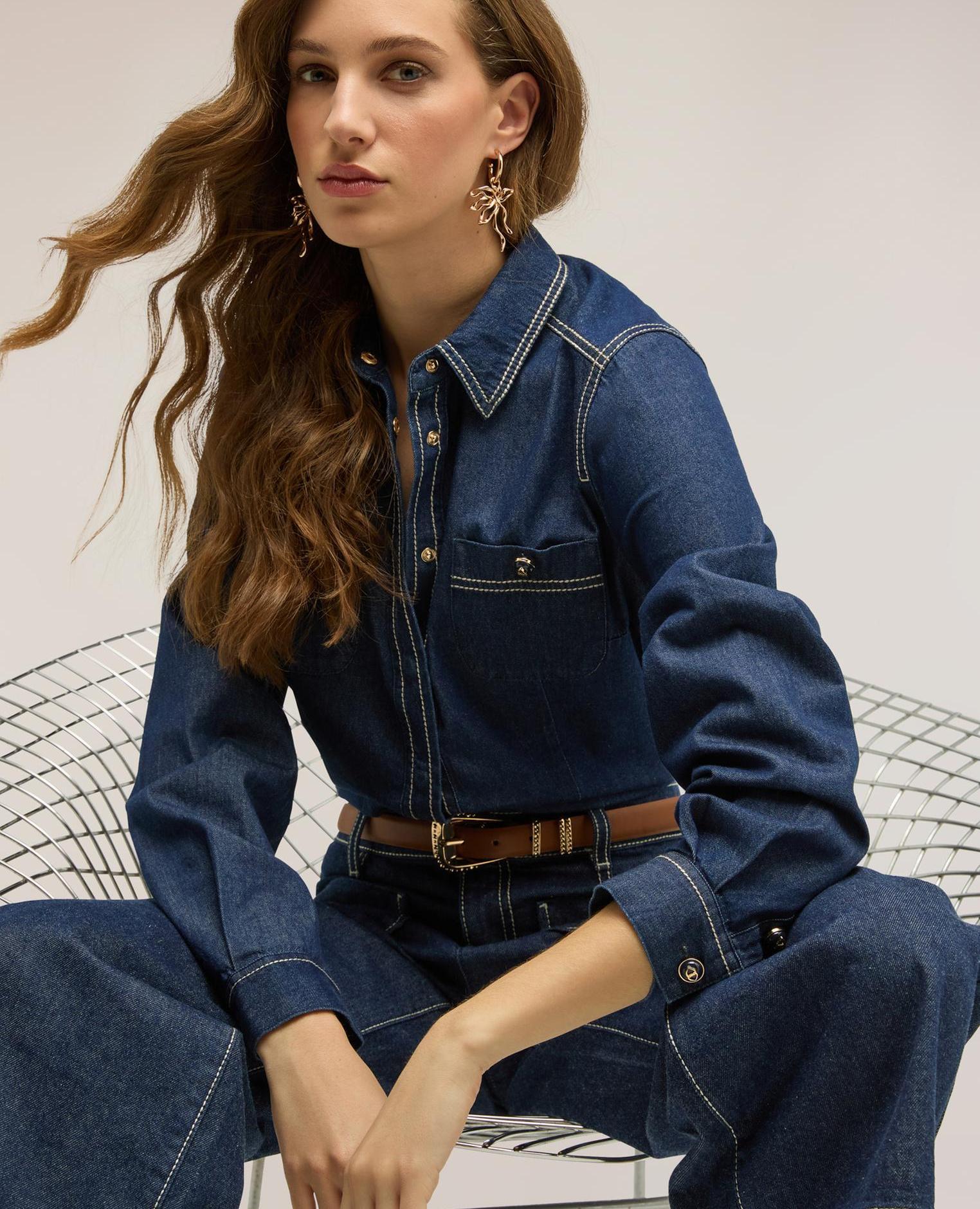Camisa de mujer de denim con bolsillos ajuste regular cierre frontal inglés - Motivi - Azul Azul-3