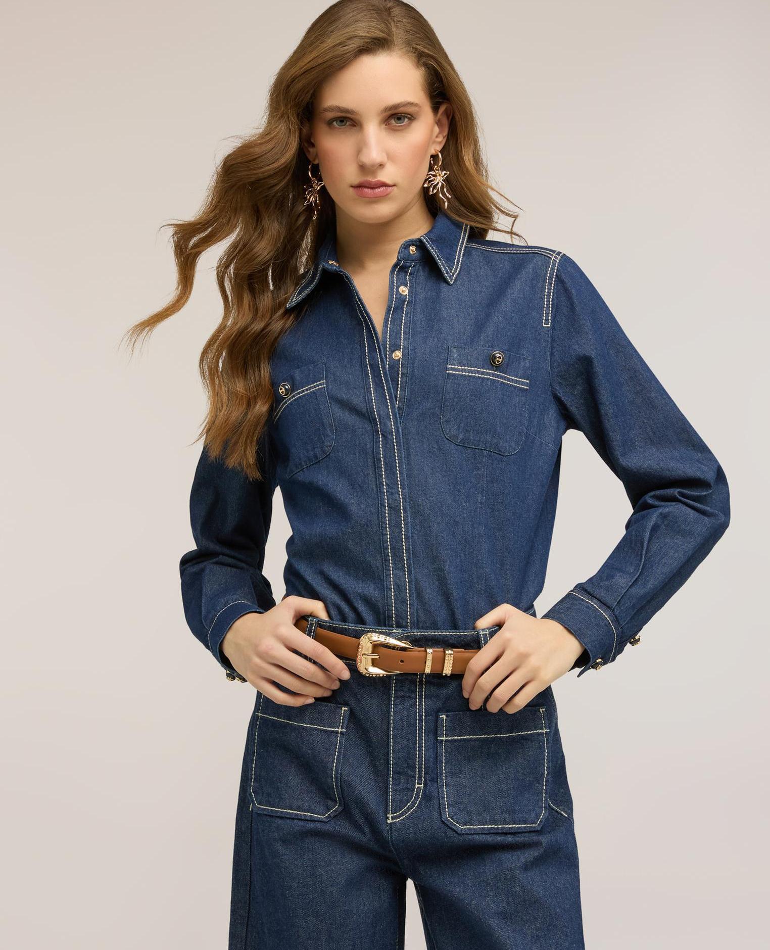 Camisa de mujer de denim con bolsillos ajuste regular cierre frontal inglés - Motivi - Azul Azul-4