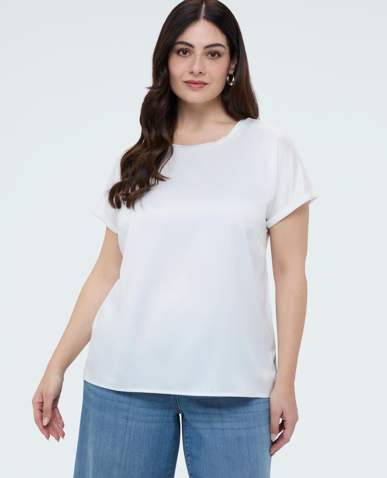 Camiseta de mujer bimaterial con cuello redondo - Fiorella Rubino - Blanco Blanco-1