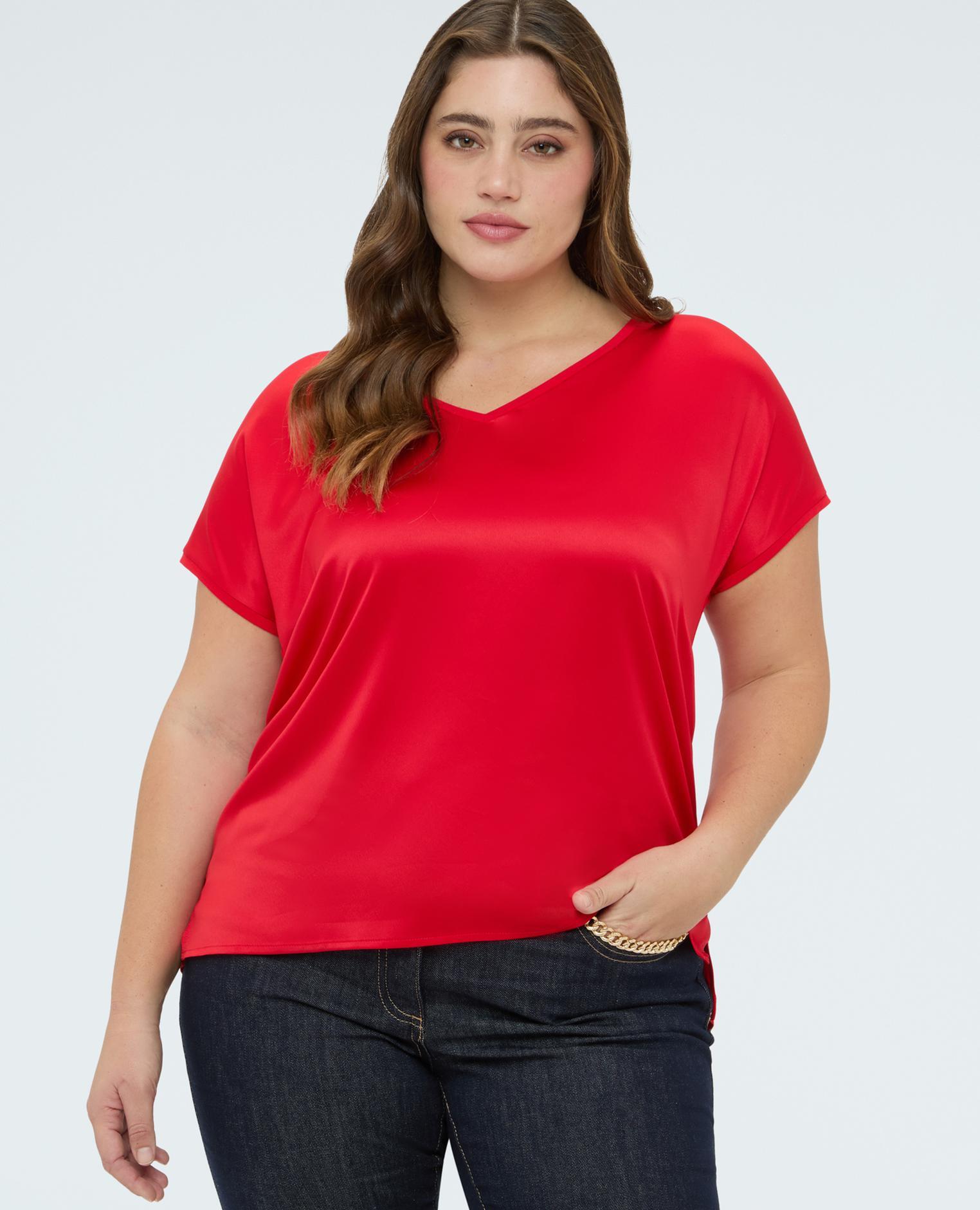 Camiseta de mujer bimateria con cuello de pico - Fiorella Rubino - Rojo Rojo-1