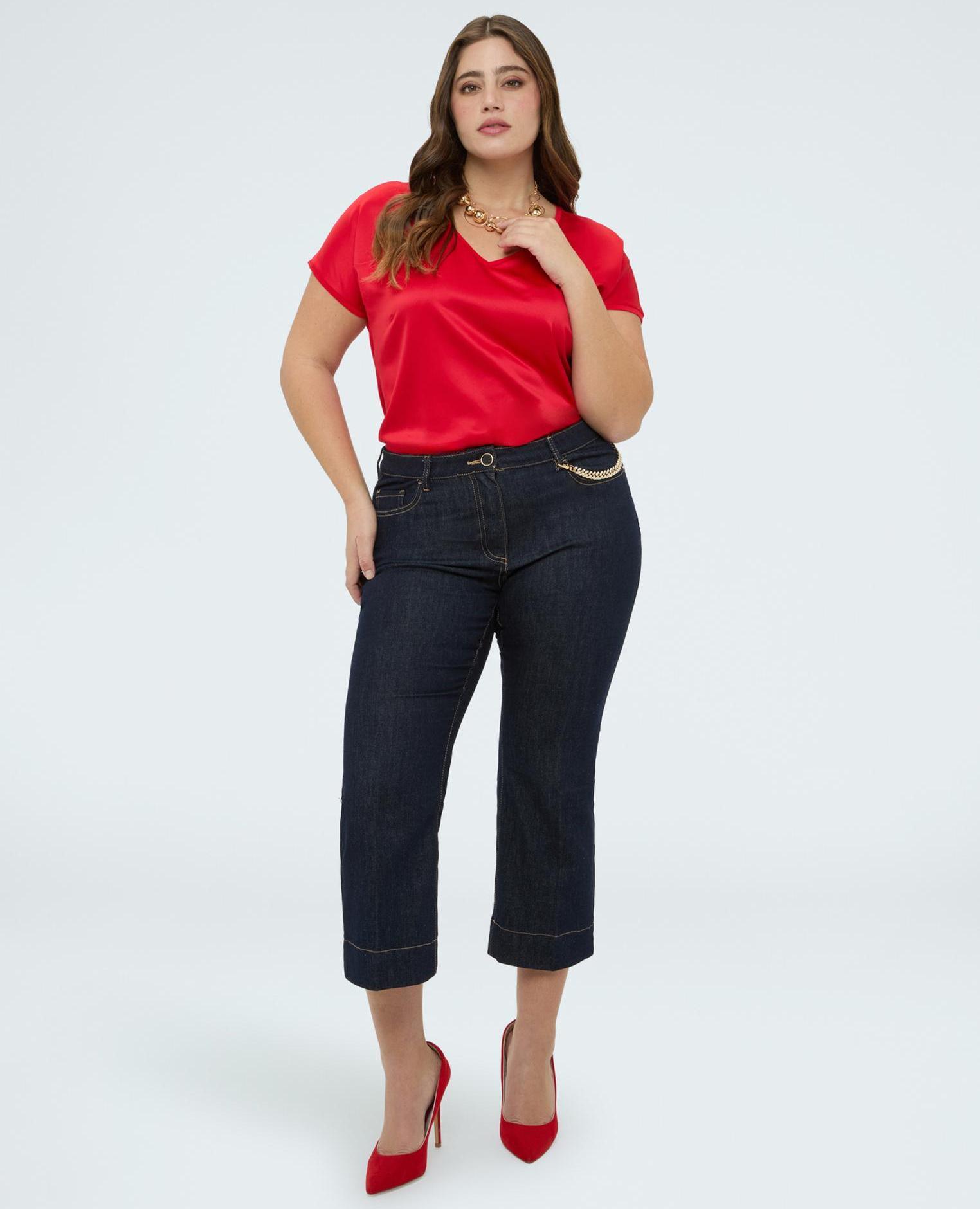 Camiseta de mujer bimateria con cuello de pico - Fiorella Rubino - Rojo Rojo-3