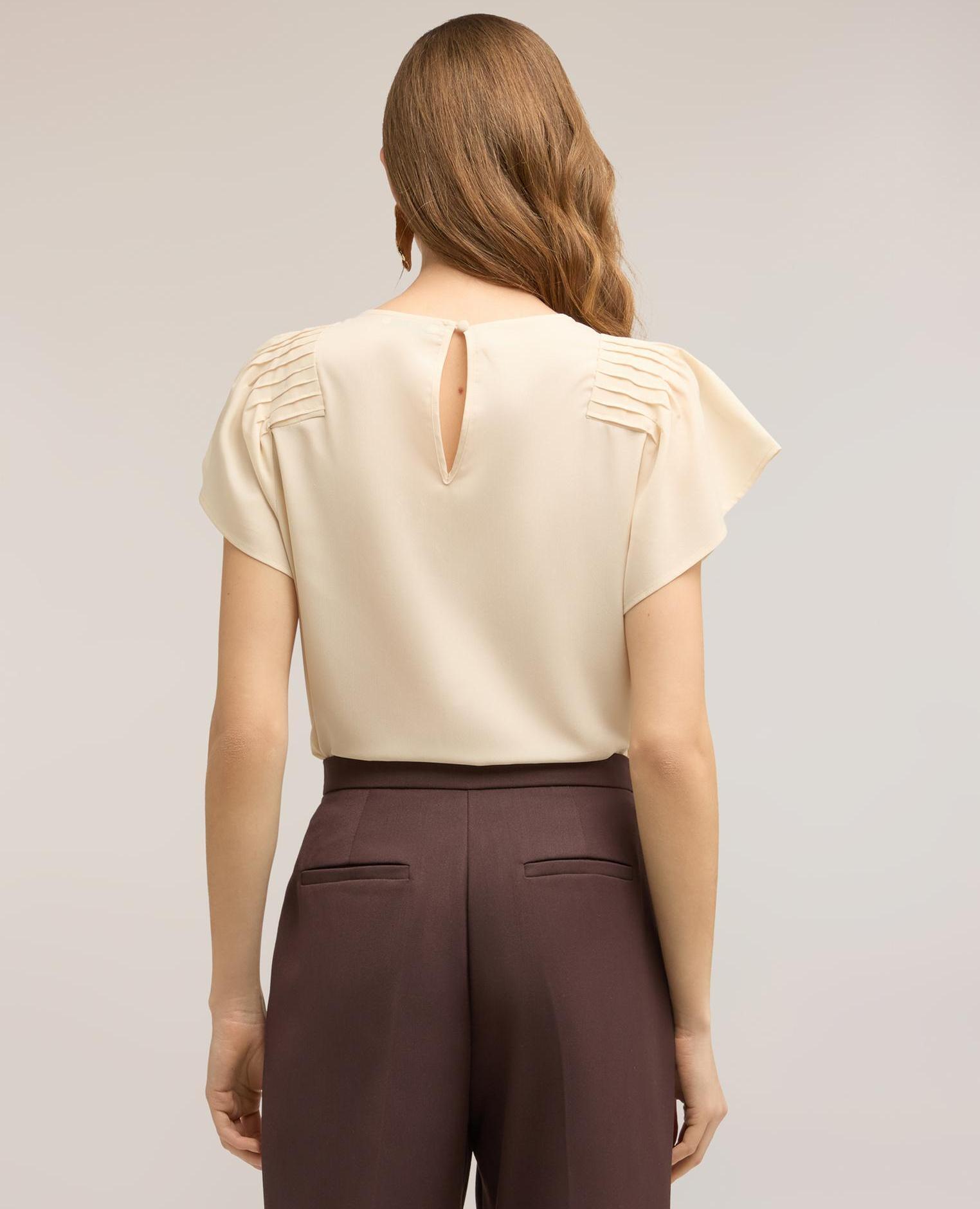 Blusa de mujer de crepé de china con pliegues escote redondo con motivo de gota en la espalda - Motivi - Beige Beige-2