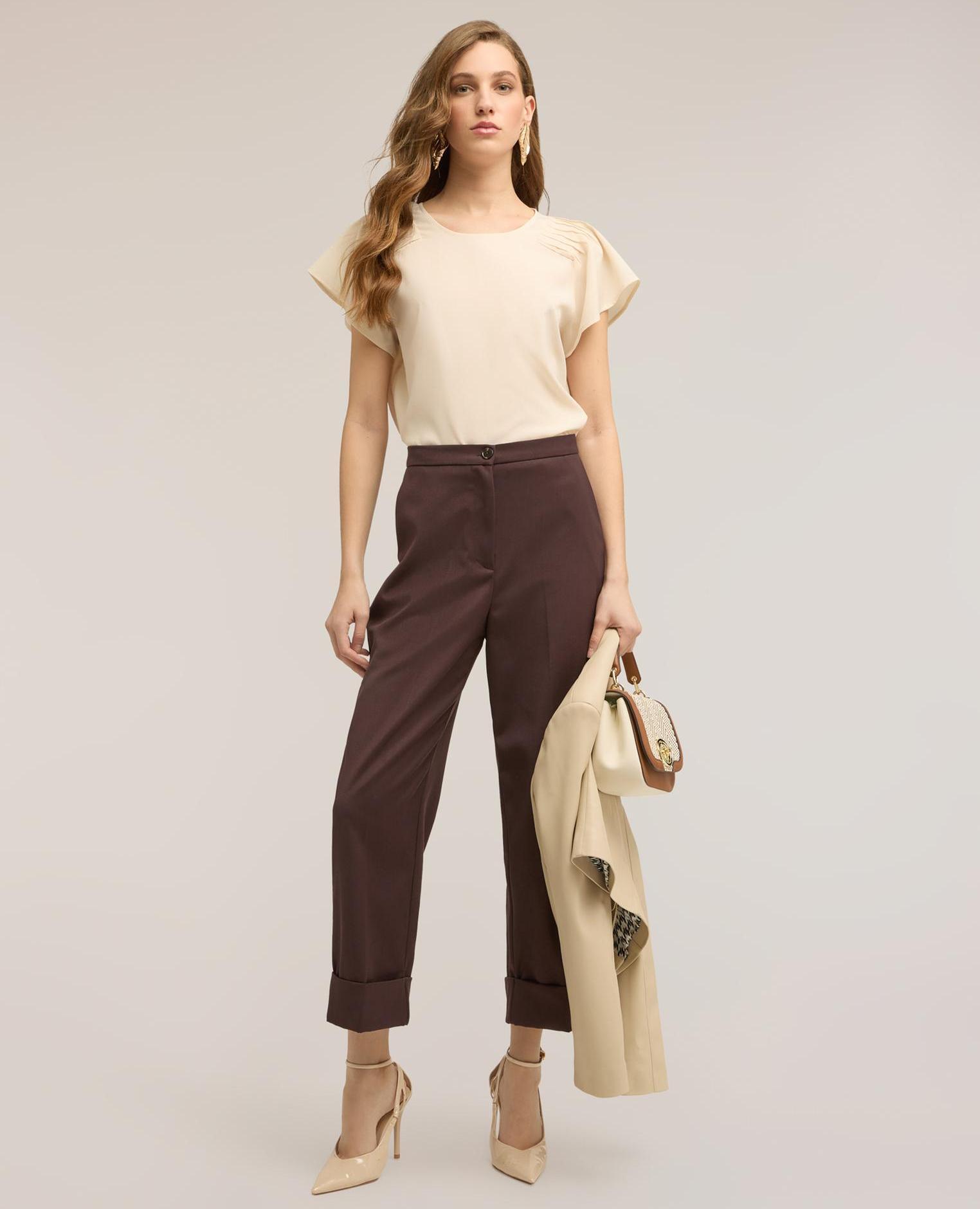 Blusa de mujer de crepé de china con pliegues escote redondo con motivo de gota en la espalda - Motivi - Beige Beige-3