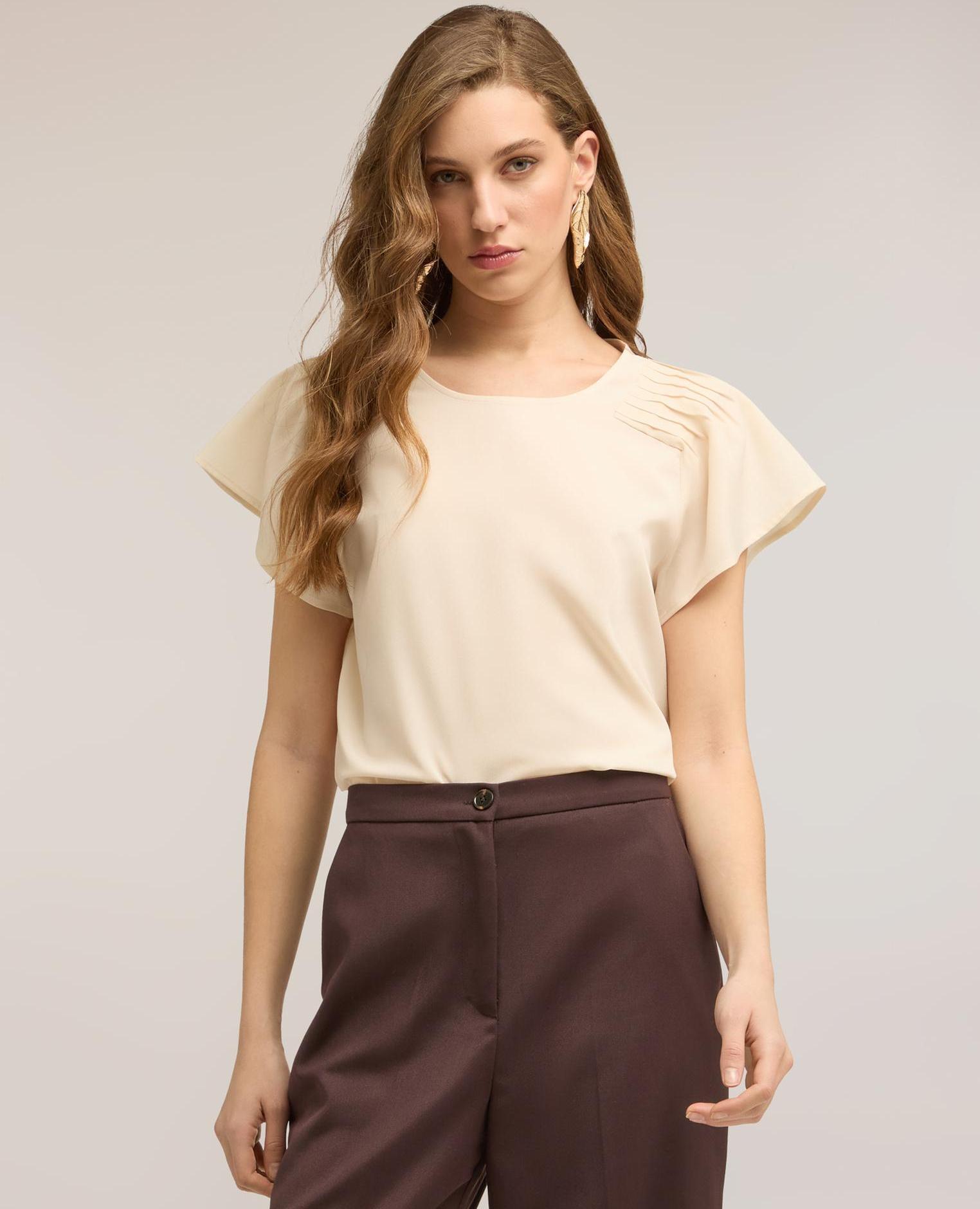 Blusa de mujer de crepé de china con pliegues escote redondo con motivo de gota en la espalda - Motivi - Beige Beige-4
