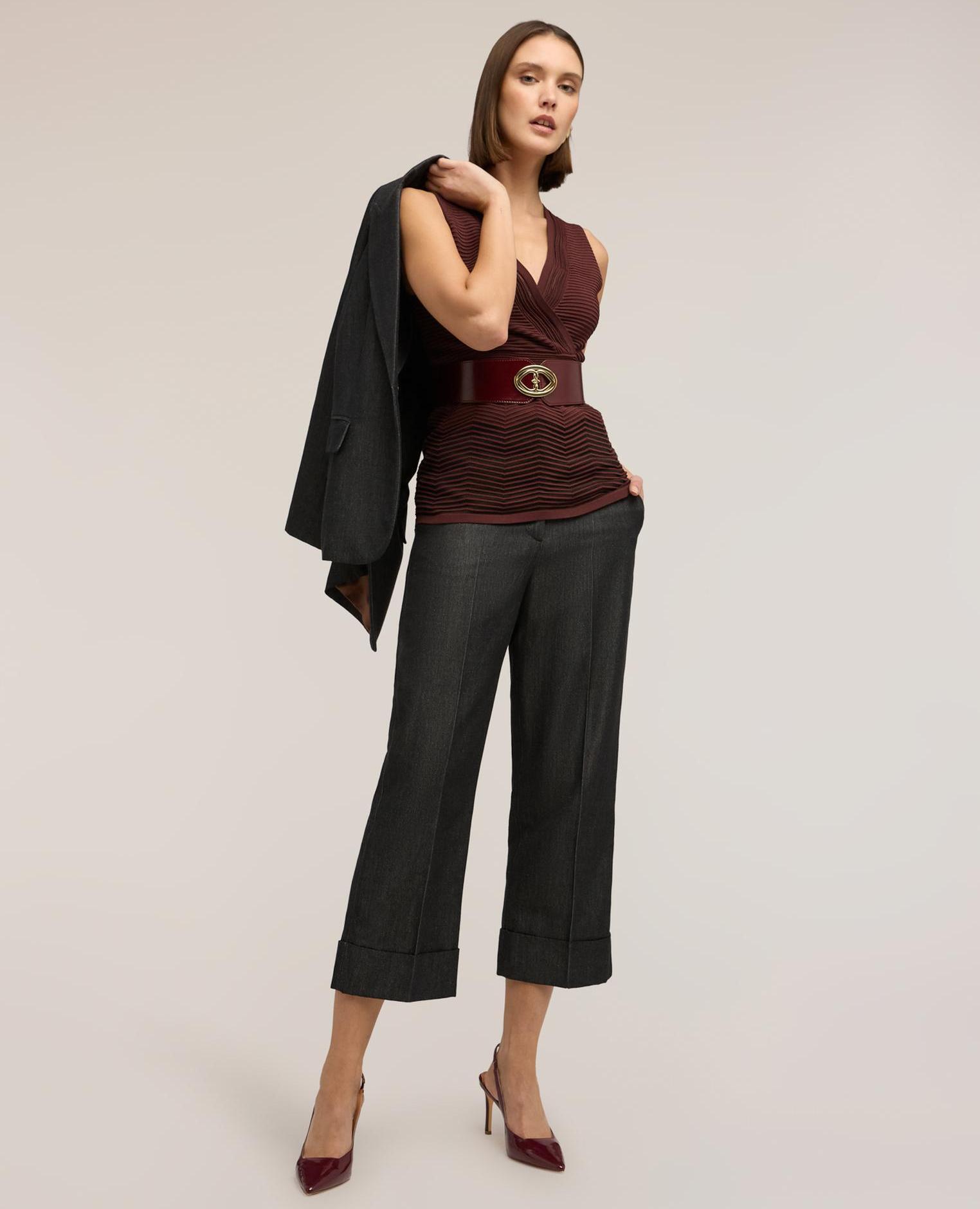 Motivi - Pantalones de mujer cropped mezcla de ramio cierre frontal con botón y cremallera.