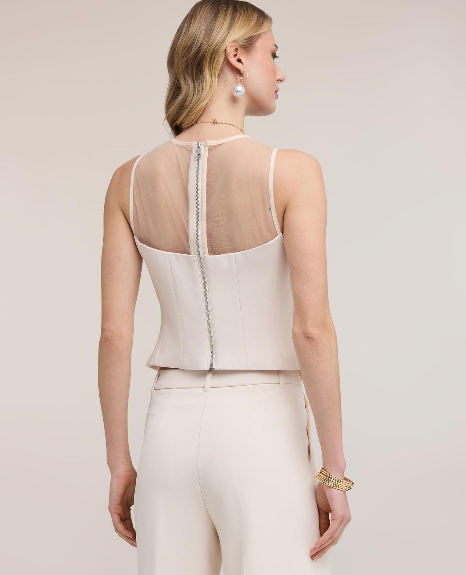 Top de mujer de crepé con detalles de tul escote redondo con cierre de cremallera en la espalda - Motivi - Beige Beige-2