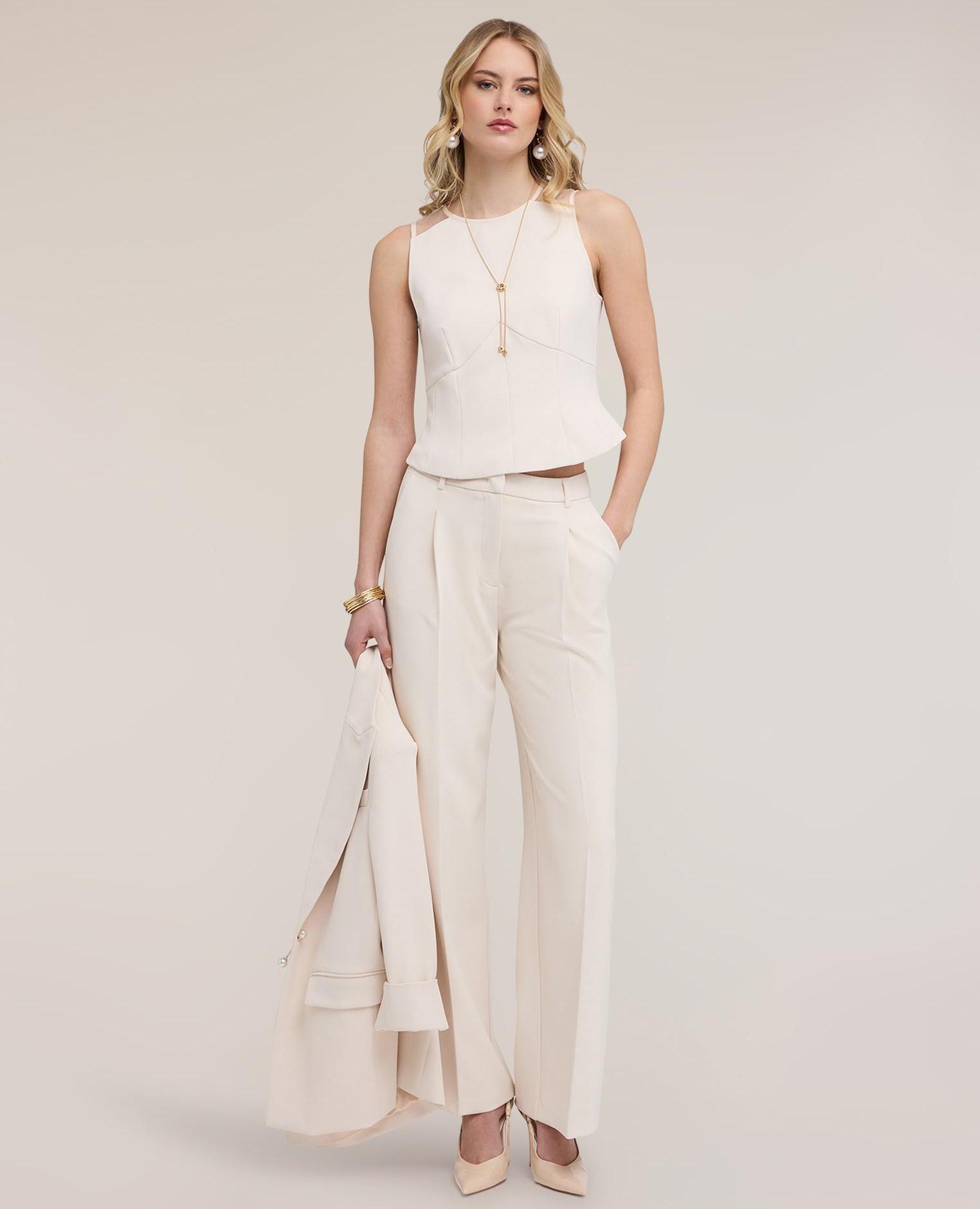 Top de mujer de crepé con detalles de tul escote redondo con cierre de cremallera en la espalda - Motivi - Beige Beige-4