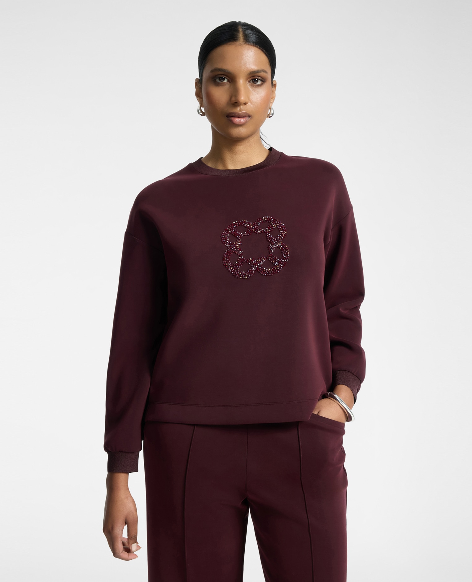 Sudadera de mujer con bordado monogram ajuste boxy con cuello redondo - Elena Miró - Burdeos Burdeos-1