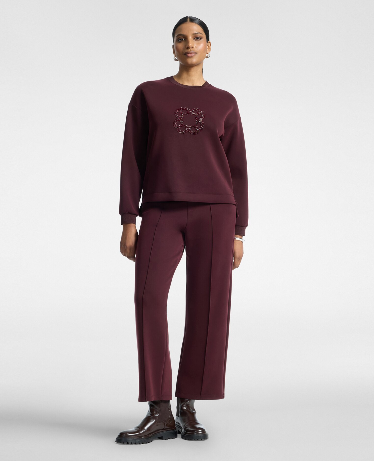 Sudadera de mujer con bordado monogram ajuste boxy con cuello redondo - Elena Miró - Burdeos Burdeos-3