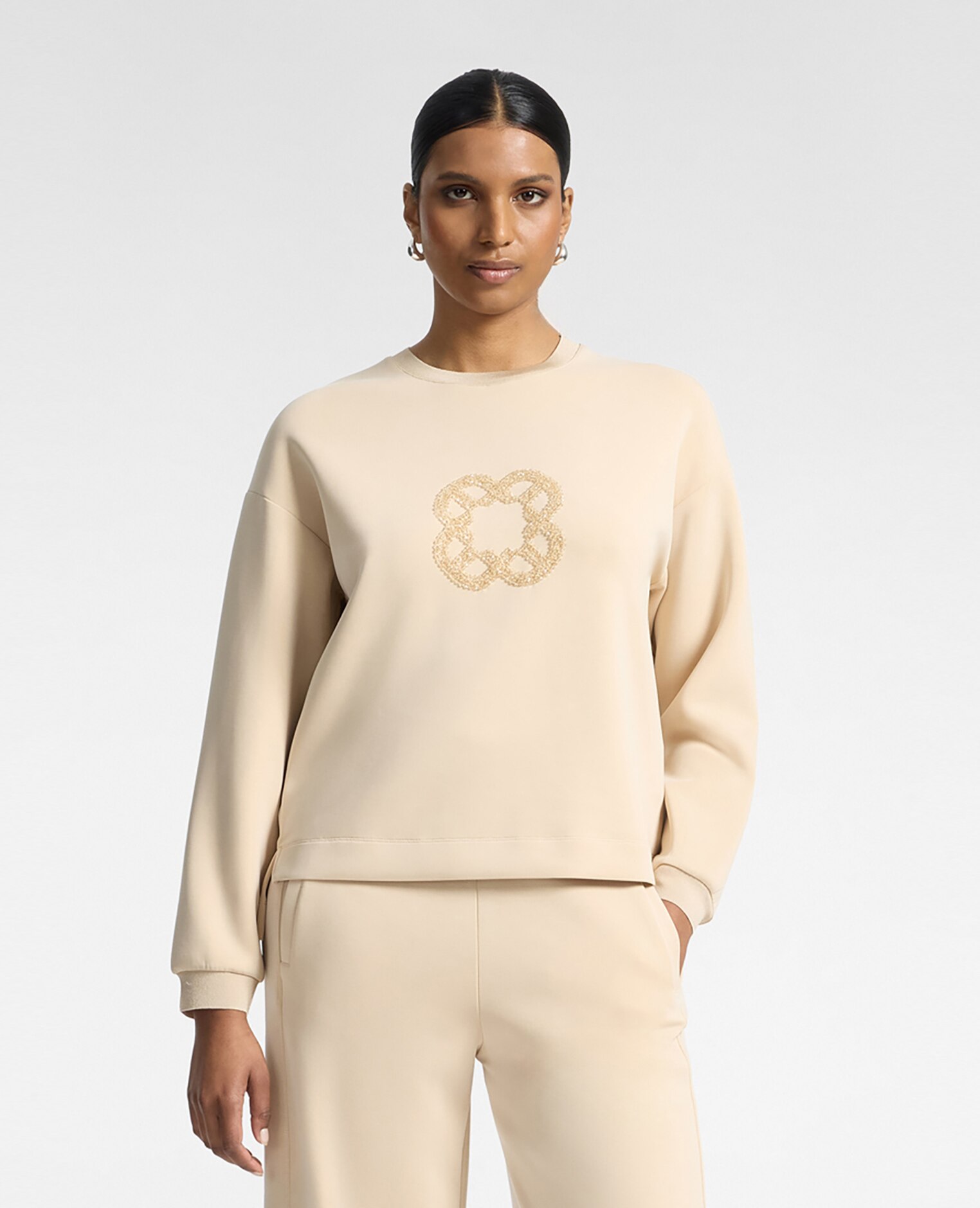 Sudadera de mujer con bordado monogram ajuste boxy con cuello redondo - Elena Miró - Beige Beige-1