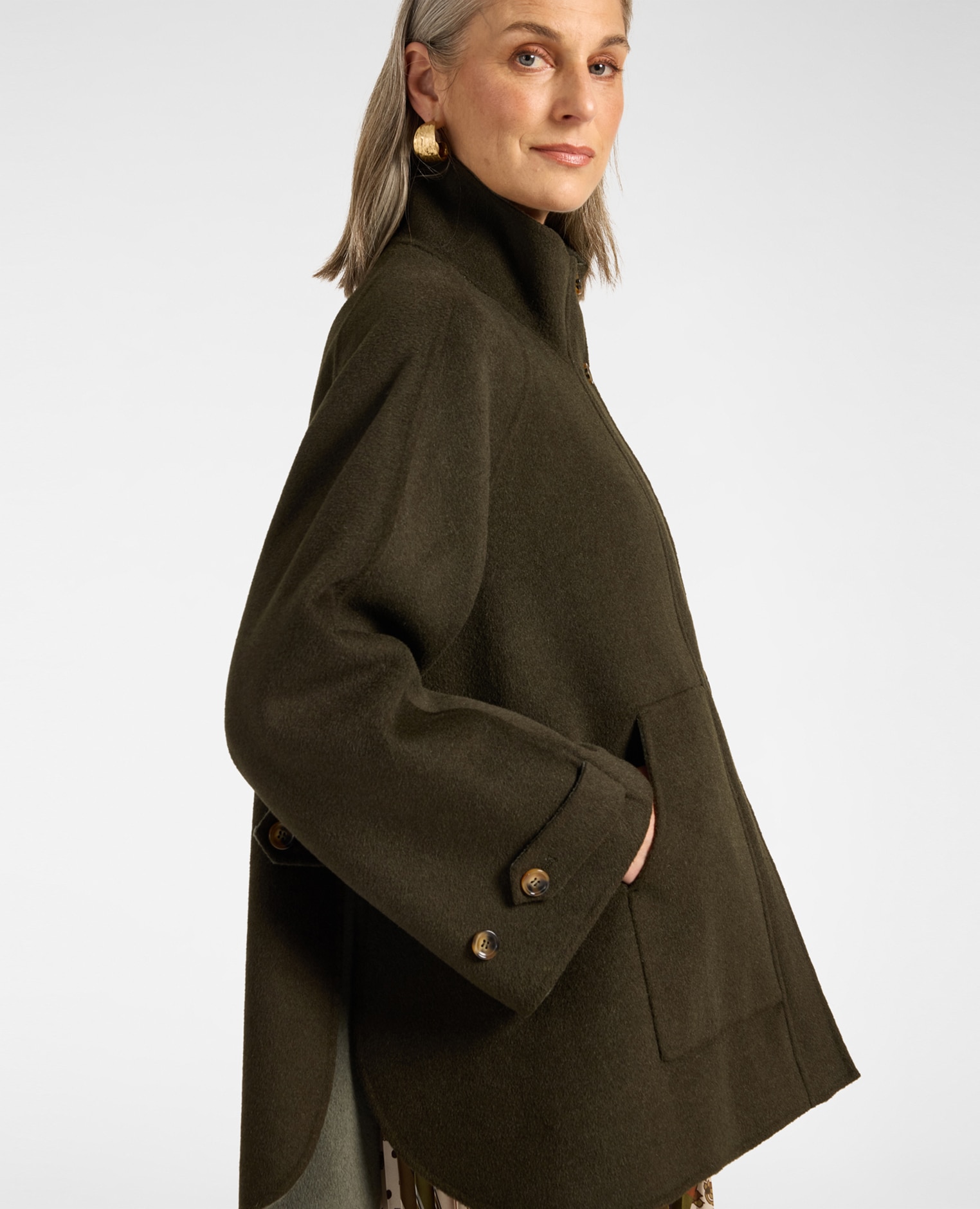 Abrigo de mujer mezcla de lana cuello alto ajuste regular cuello alto - Elena Miró - Verde militar Verde militar-1