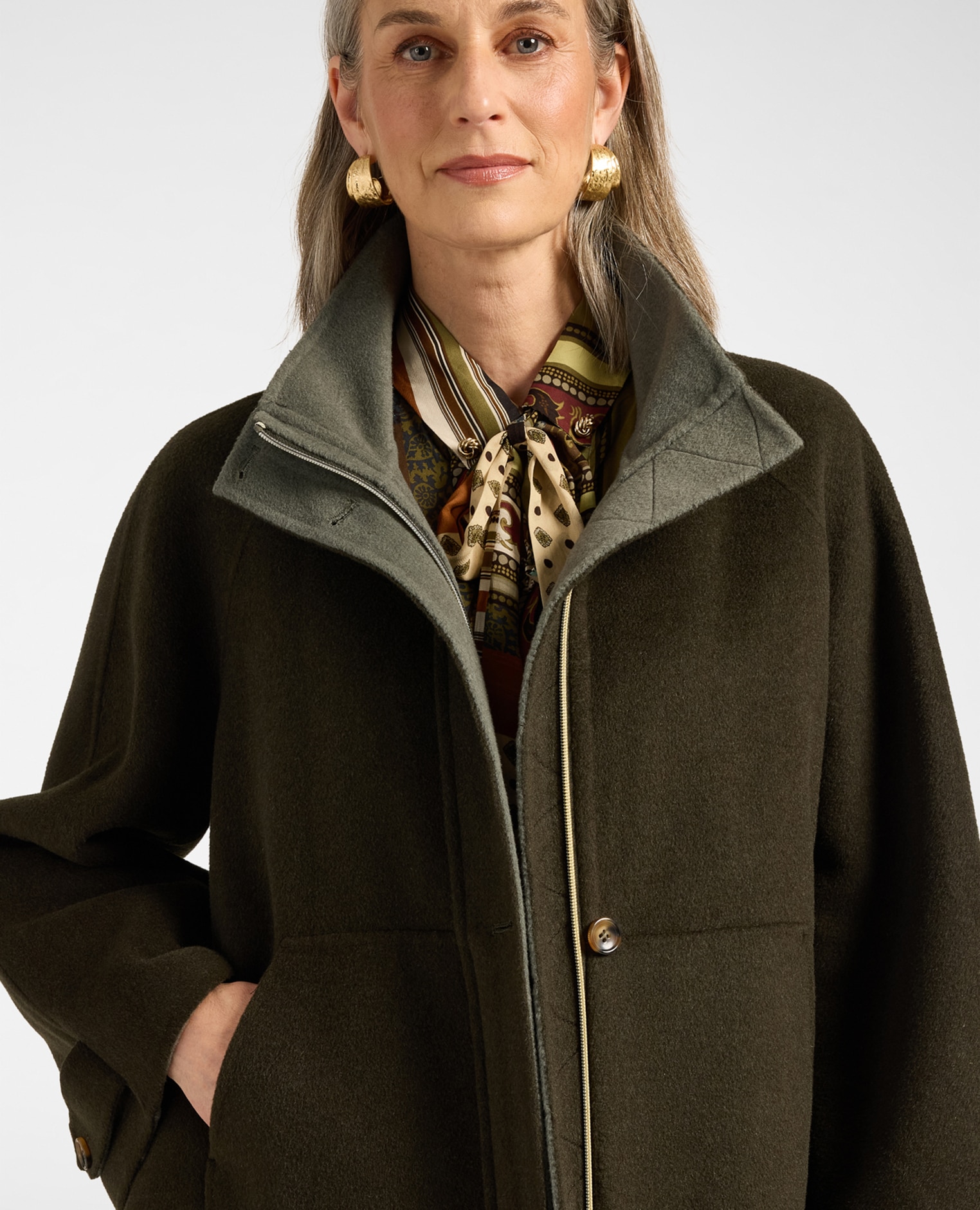 Abrigo de mujer mezcla de lana cuello alto ajuste regular cuello alto - Elena Miró - Verde militar Verde militar-4