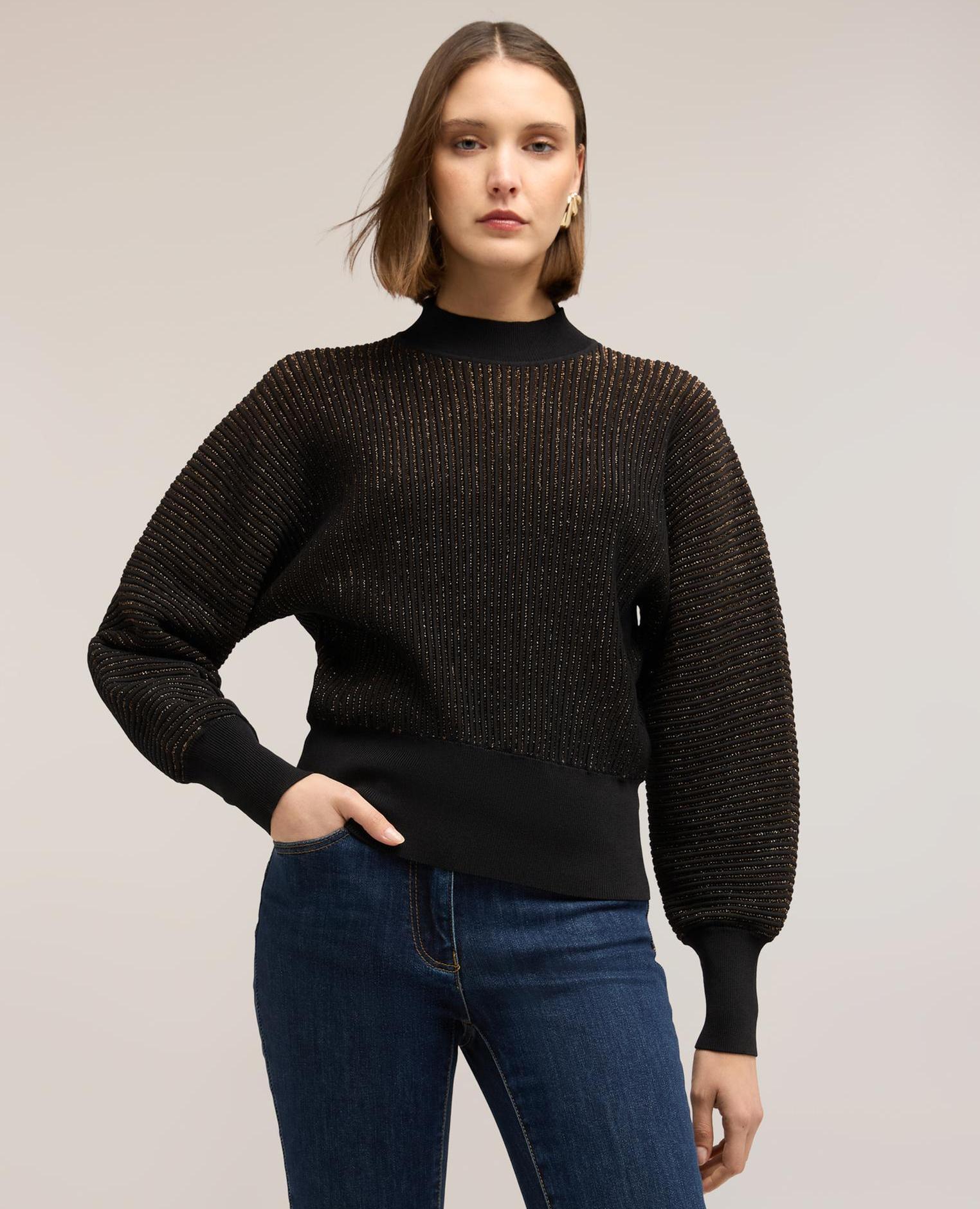 Jersey de mujer de cuello alto acanalado en hilo laminado escote de cuello alto frontal - Motivi - Marrón Marrón-3