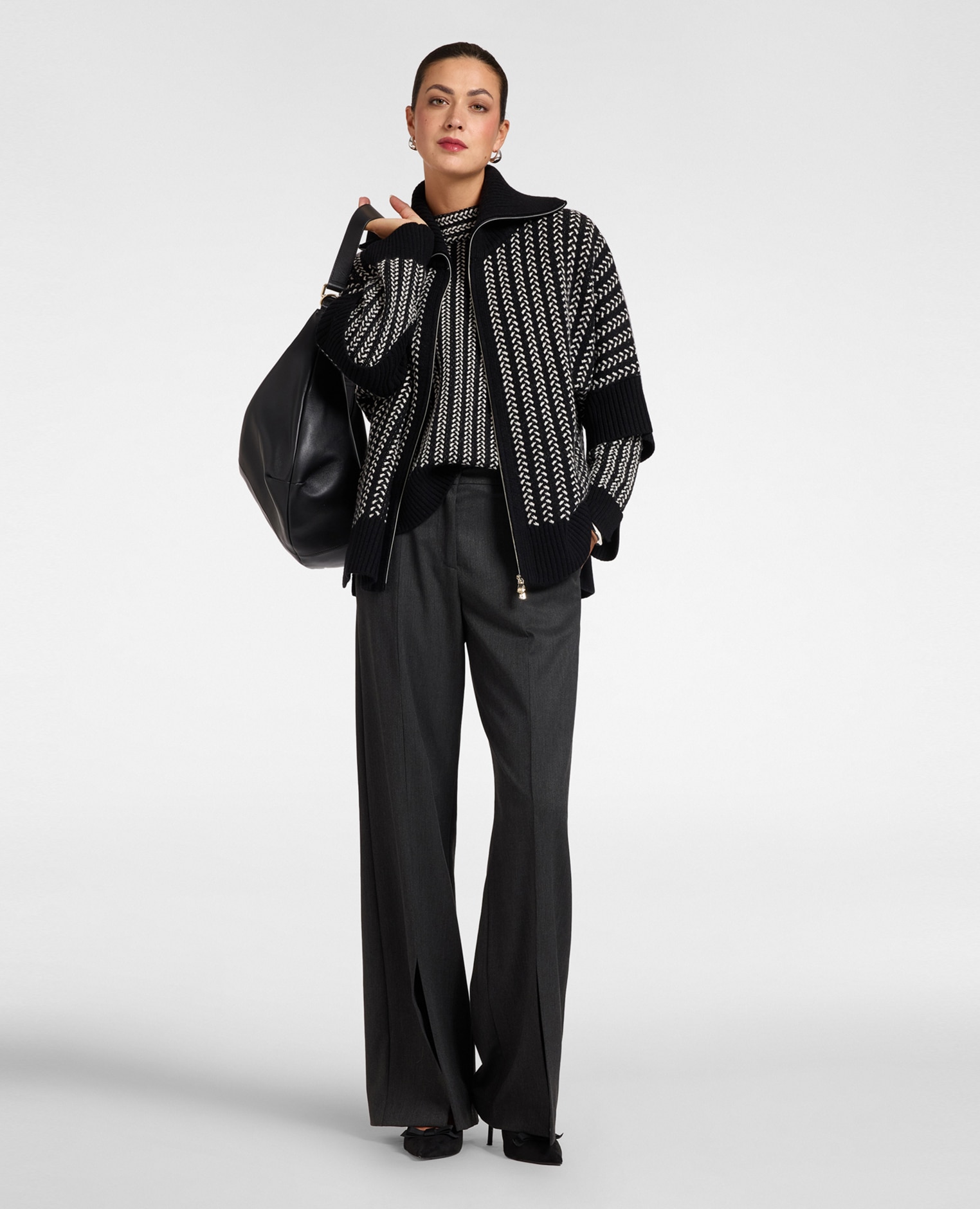 Cárdigan de mujer de punto trenzado con cremallera ajuste oversize largo medio y cierre con cremallera - Elena Miró - Negro Negro-3