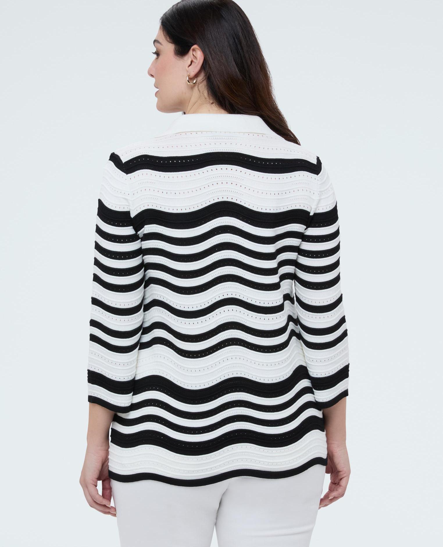 Camiseta de mujer con cuello polo elaboración ajouré con rayas onduladas - Fiorella Rubino - Blanco Blanco-2