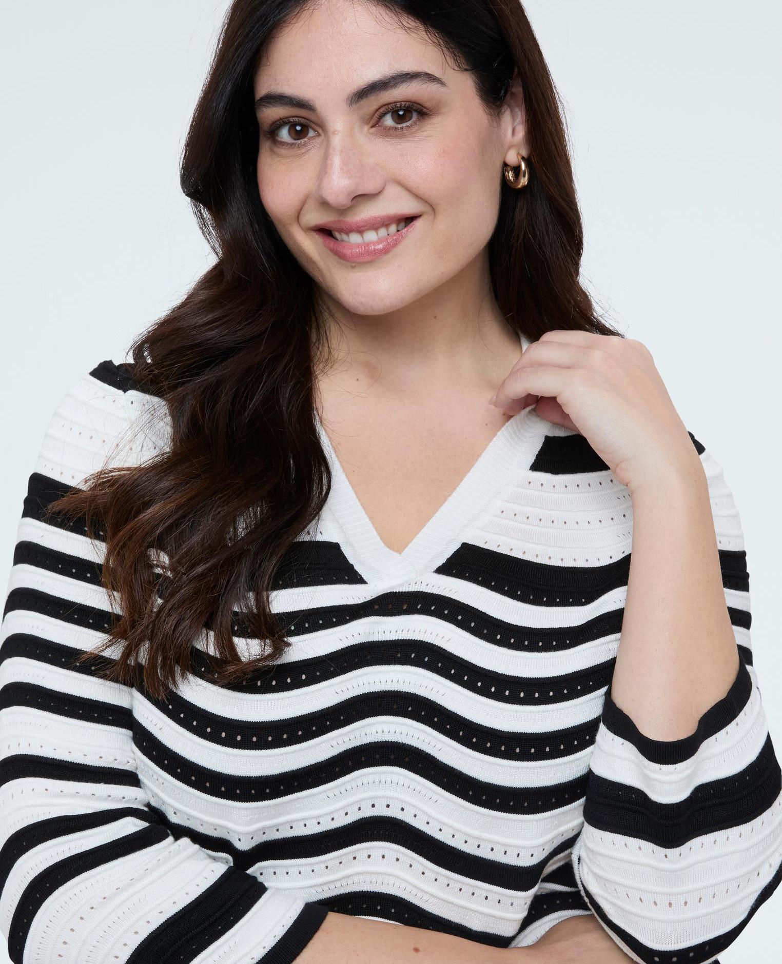 Camiseta de mujer con cuello polo elaboración ajouré con rayas onduladas - Fiorella Rubino - Blanco Blanco-3
