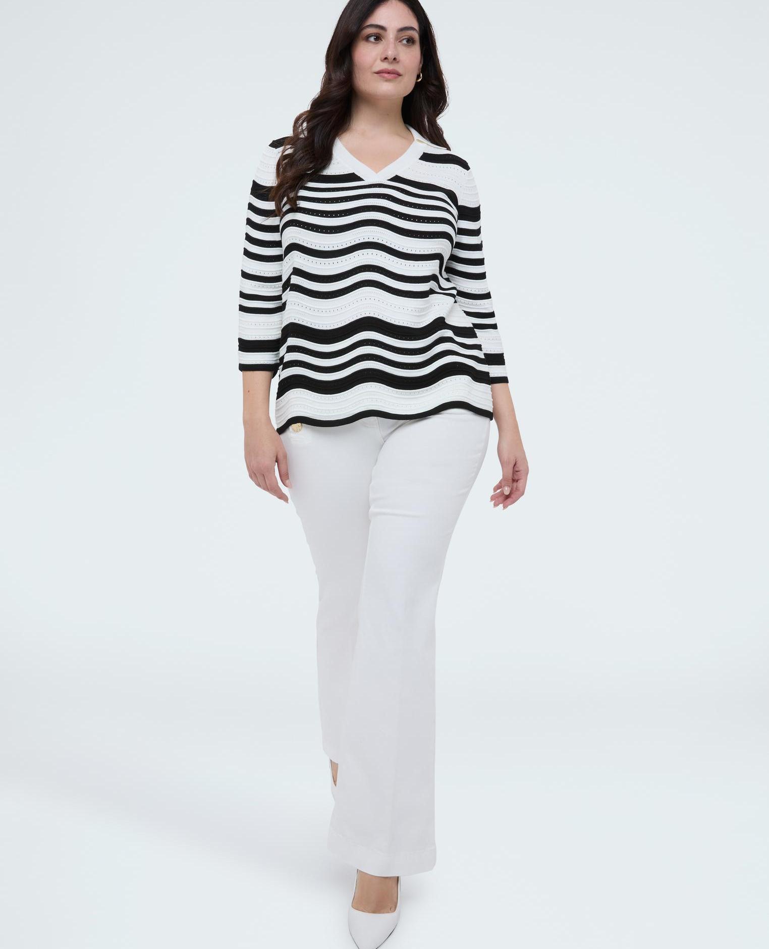 Camiseta de mujer con cuello polo elaboración ajouré con rayas onduladas - Fiorella Rubino - Blanco Blanco-4