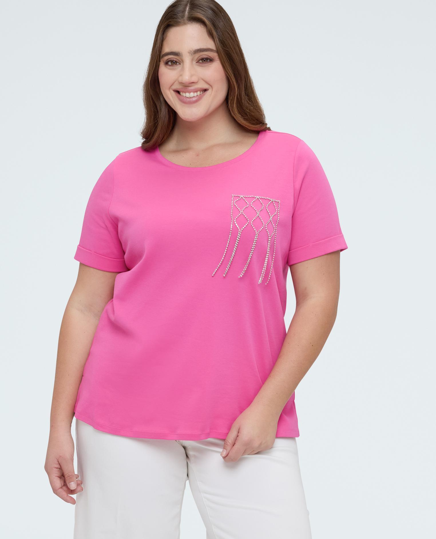 Camiseta de mujer de algodón con bolsillo decorado geométrico - Fiorella Rubino - Fucsia Fucsia-1