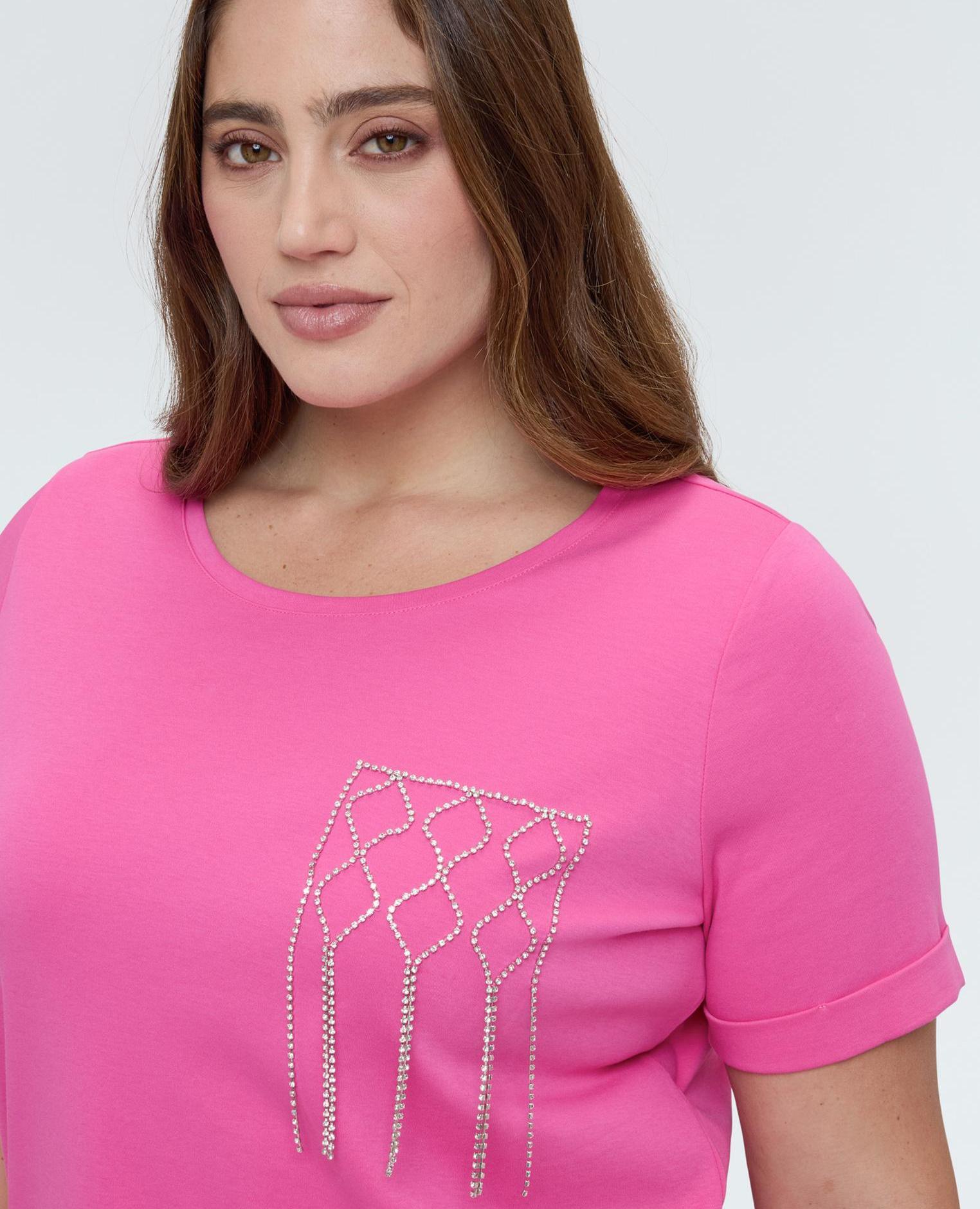 Camiseta de mujer de algodón con bolsillo decorado geométrico - Fiorella Rubino - Fucsia Fucsia-3