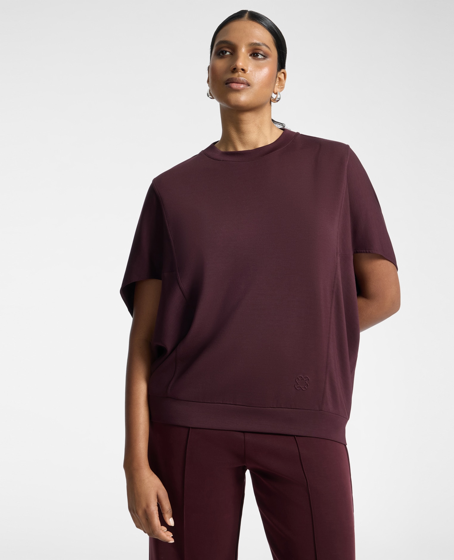 Sudadera de mujer en scuba ligero mezcla modal ajuste oversize con mangas cortas - Elena Miró - Burdeos Burdeos-1