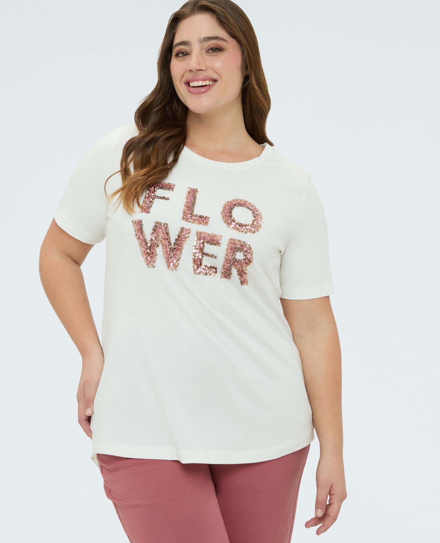 Camiseta de mujer de algodón con estampado flower aplicación con lentejuelas - Fiorella Rubino - Blanco Blanco-1