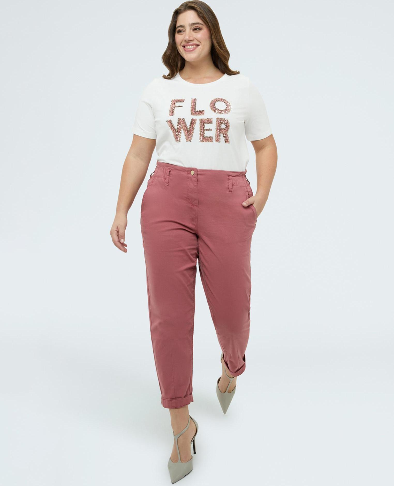 Camiseta de mujer de algodón con estampado flower aplicación con lentejuelas - Fiorella Rubino - Blanco Blanco-3