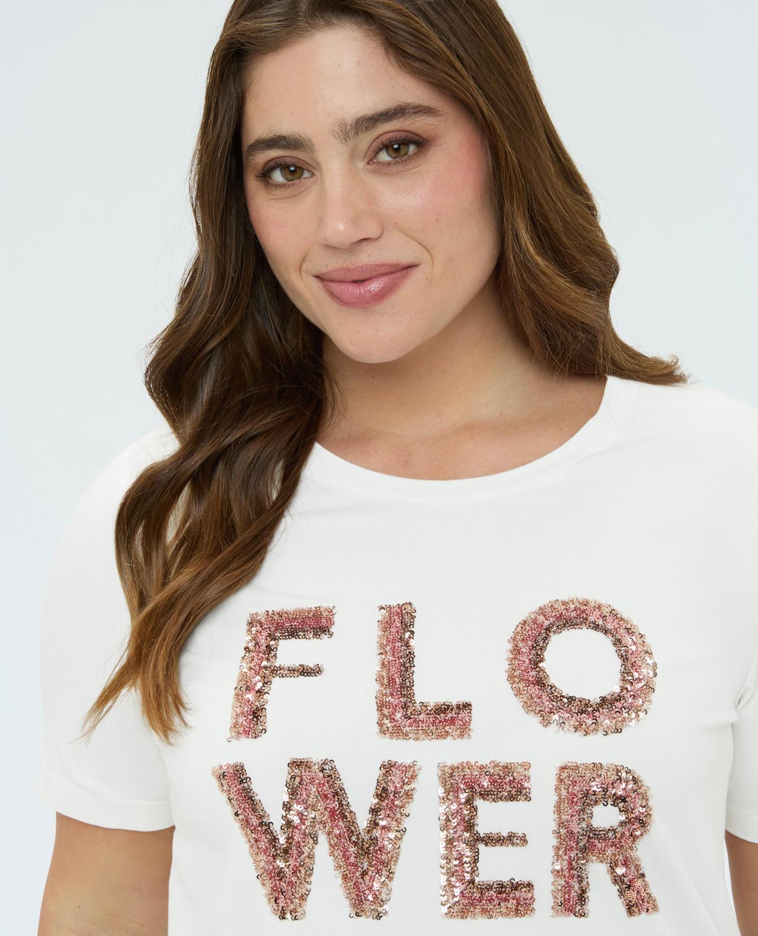 Camiseta de mujer de algodón con estampado flower aplicación con lentejuelas - Fiorella Rubino - Blanco Blanco-4