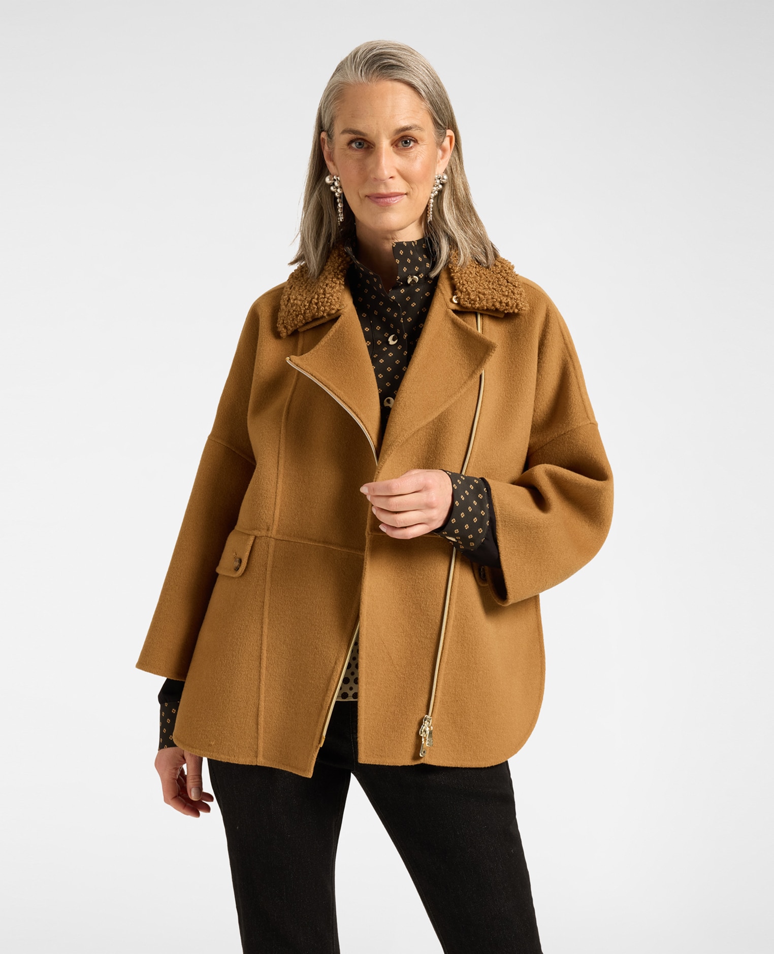 Chaquetón de mujer mezcla de lana cierre asimétrico longitud media con cierre asimétrico de cremallera - Elena Miró - Beige Beige-1