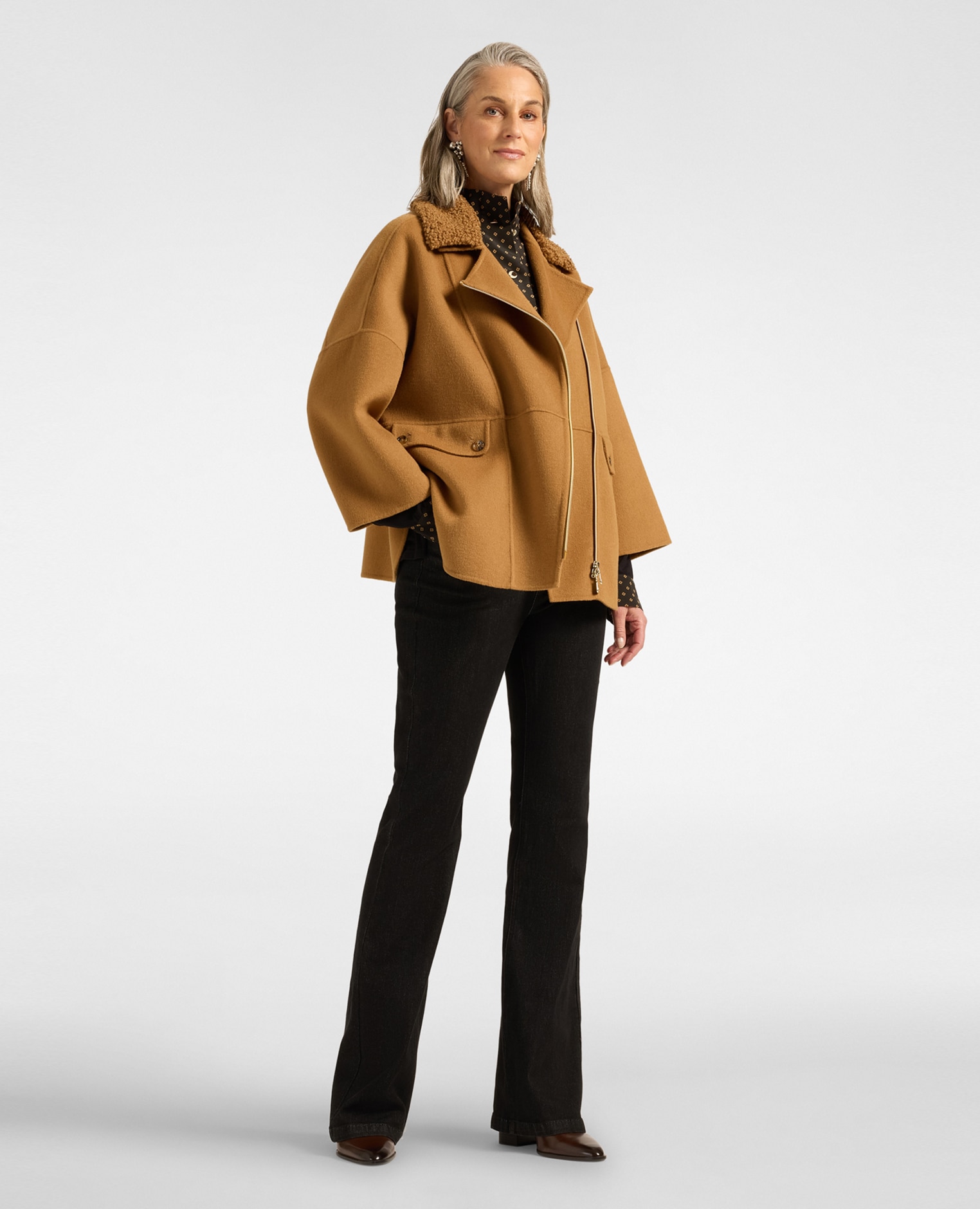 Chaquetón de mujer mezcla de lana cierre asimétrico longitud media con cierre asimétrico de cremallera - Elena Miró - Beige Beige-3