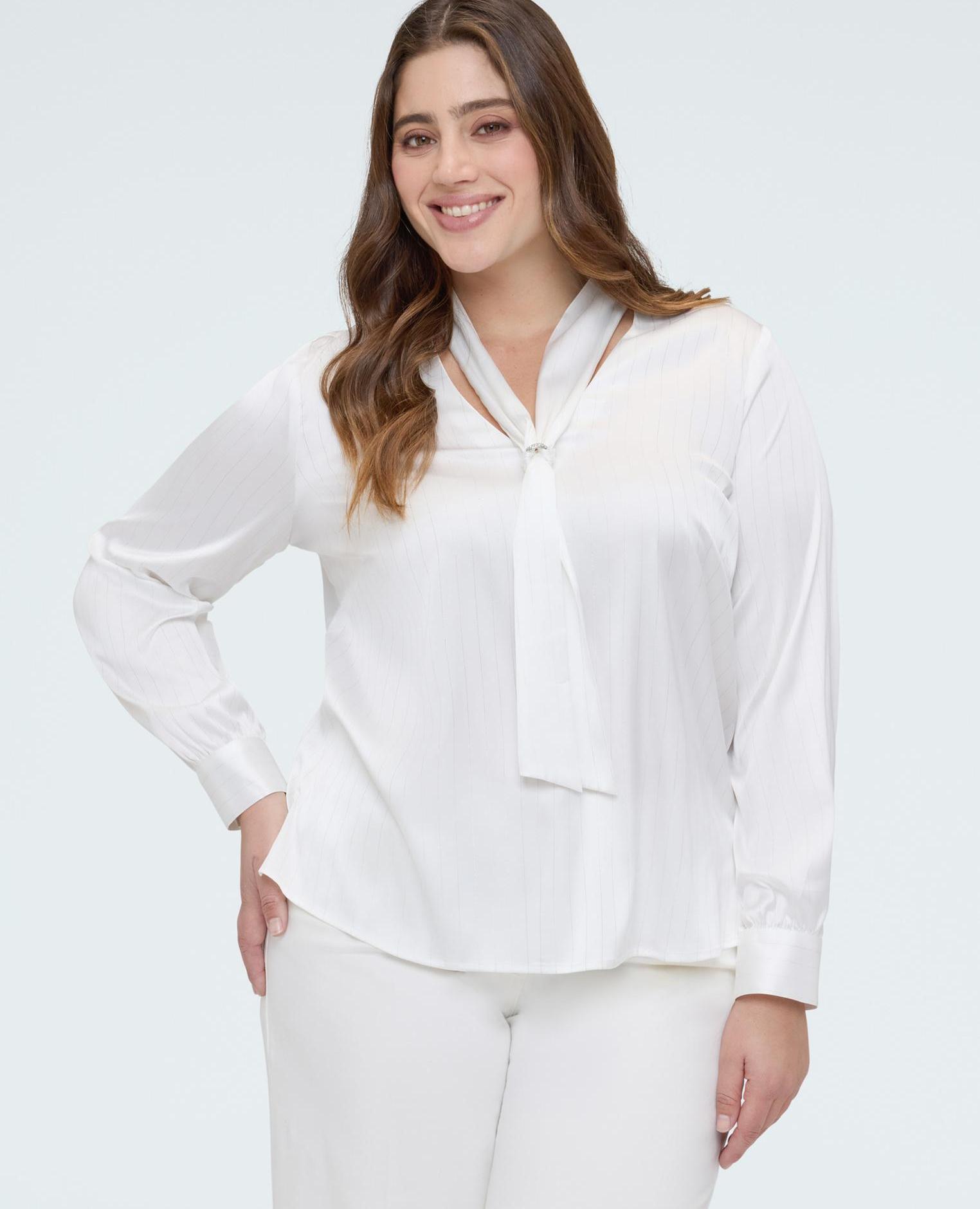 Blusa de mujer de satén con corbata efecto tiza - Fiorella Rubino - Blanco Blanco-1