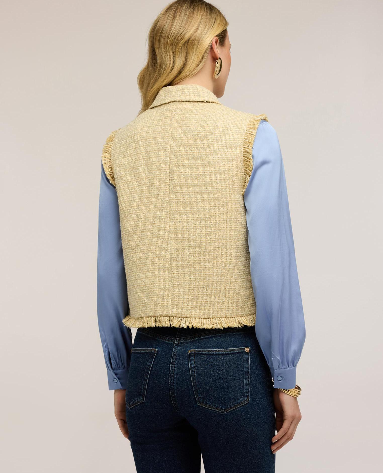 Chaleco de mujer de bouclé con flecos modelo de ajuste boxy con cierre frontal de botones - Motivi - Amarillo Amarillo-2