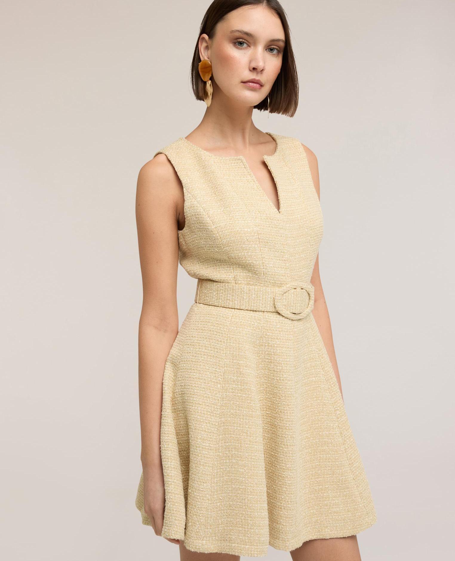 Vestido flare en tejido bouclé con cinturón modelo con cierre de cremallera trasero - Motivi - Amarillo Amarillo-3