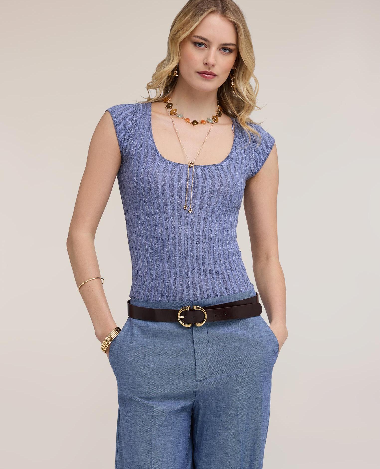 Jersey de mujer slim de lurex acanalado ajuste slim - Motivi - Azul Azul-1
