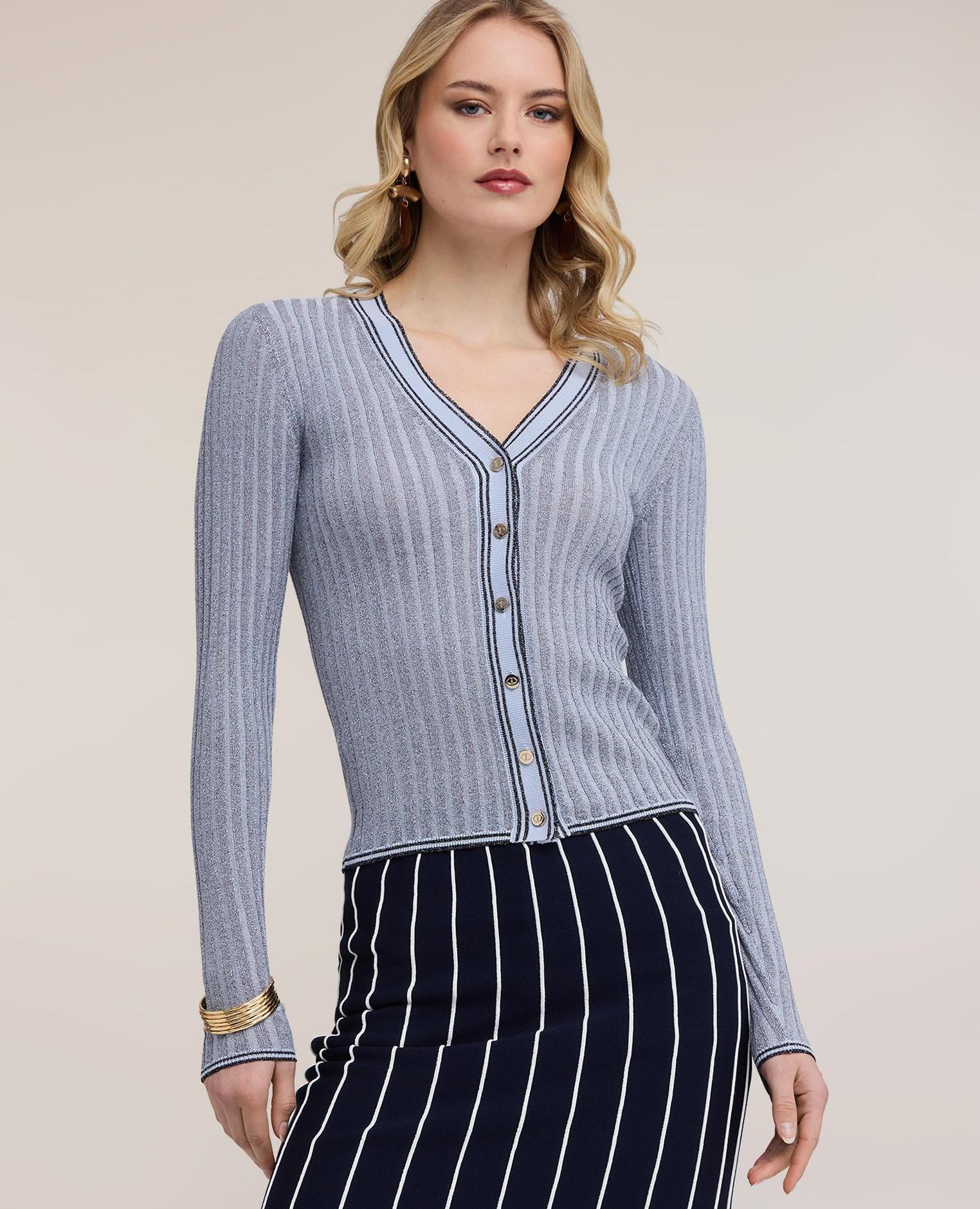 Chaqueta de mujer de punto canalé con mezcla de lurex ajuste entallado - Motivi - Azul claro Azul claro-3