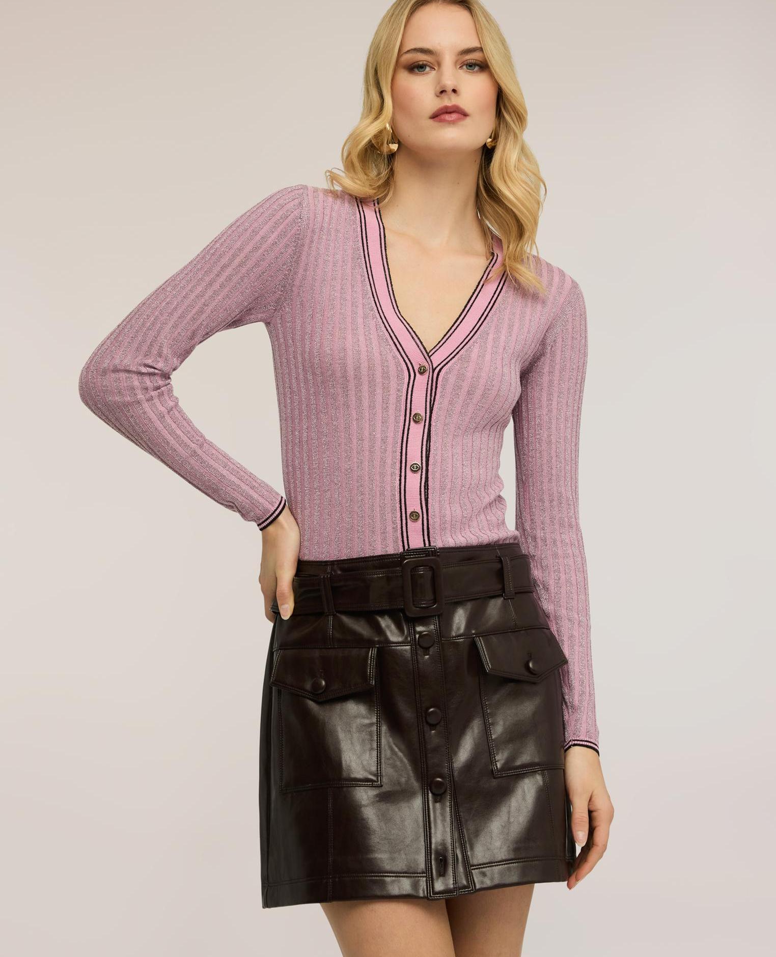 Chaqueta de mujer de punto canalé con mezcla de lurex ajuste entallado - Motivi - Rosa Rosa-1