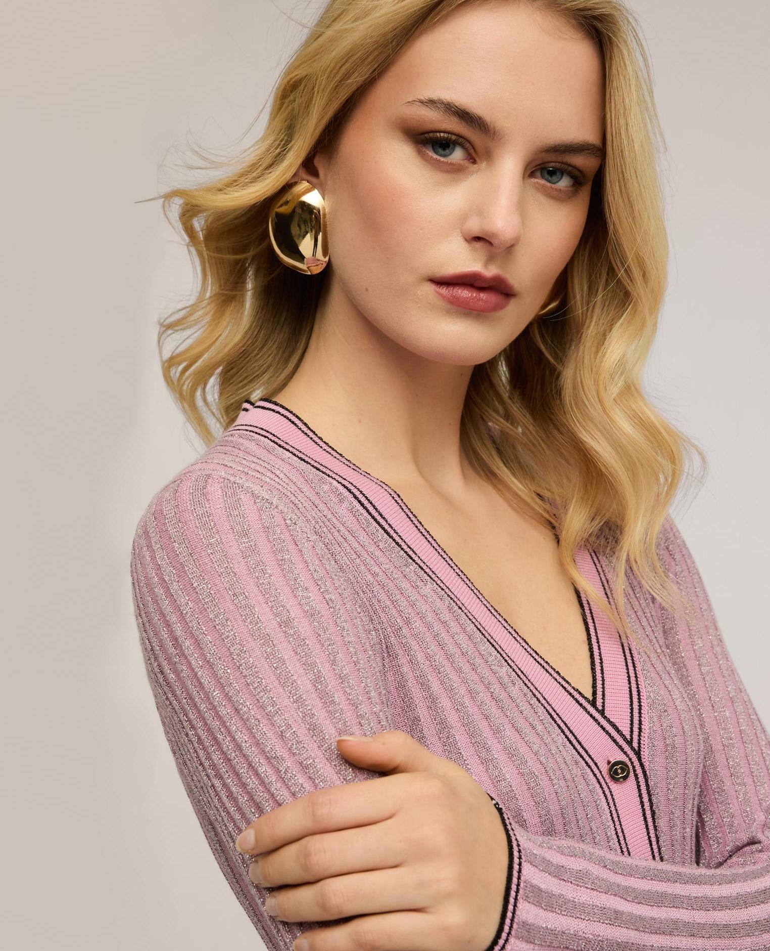 Chaqueta de mujer de punto canalé con mezcla de lurex ajuste entallado - Motivi - Rosa Rosa-4