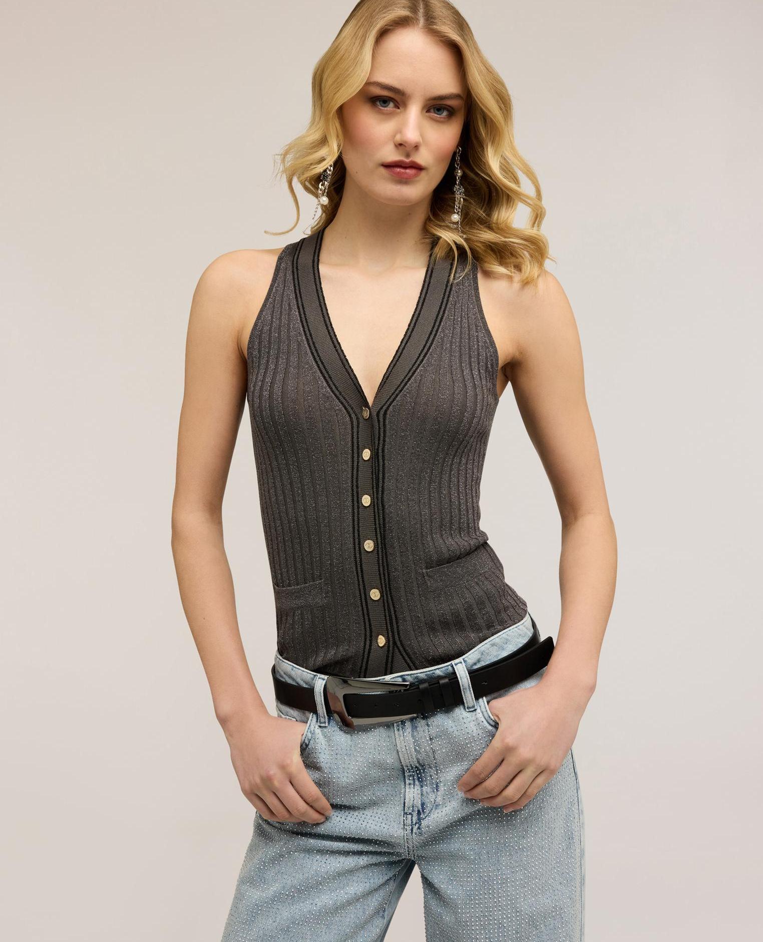 Top de mujer de punto lurex con botones modelo corto con ajuste entallado - Motivi - Gris Gris-1