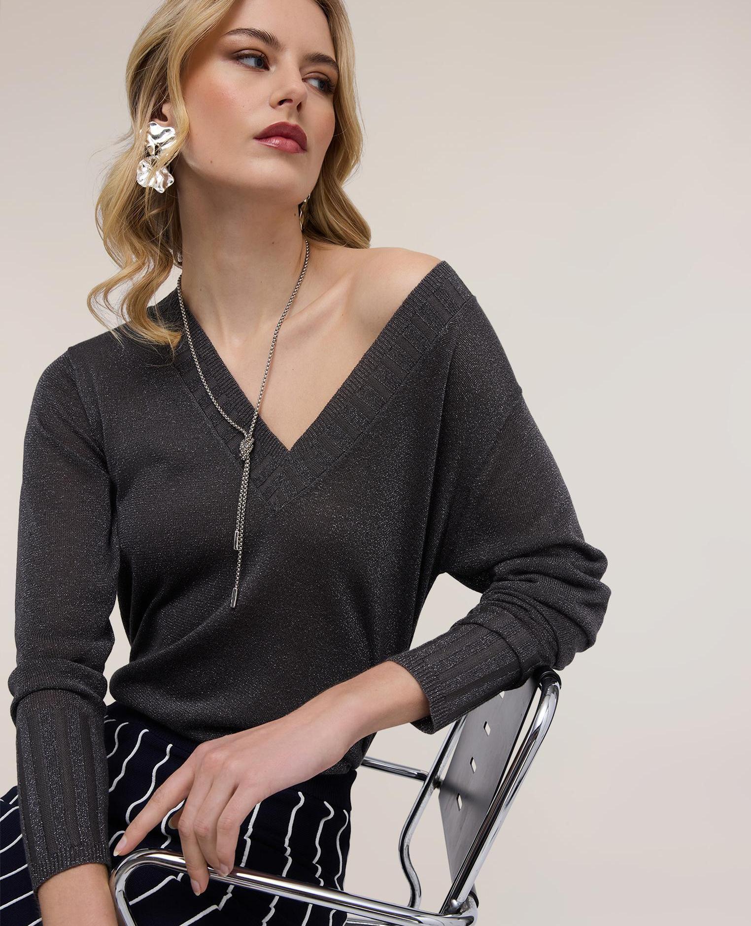 Motivi - Jersey de mujer escote en pico en hilo lurex ajuste regular.