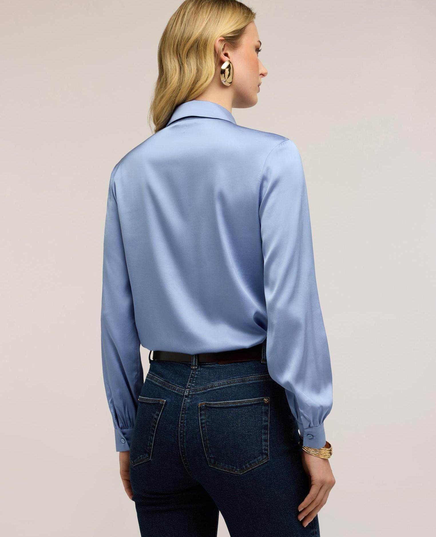 Camisa de mujer de satén de viscosa ajuste regular con cierre frontal de botones - Motivi - Azul claro Azul claro-2